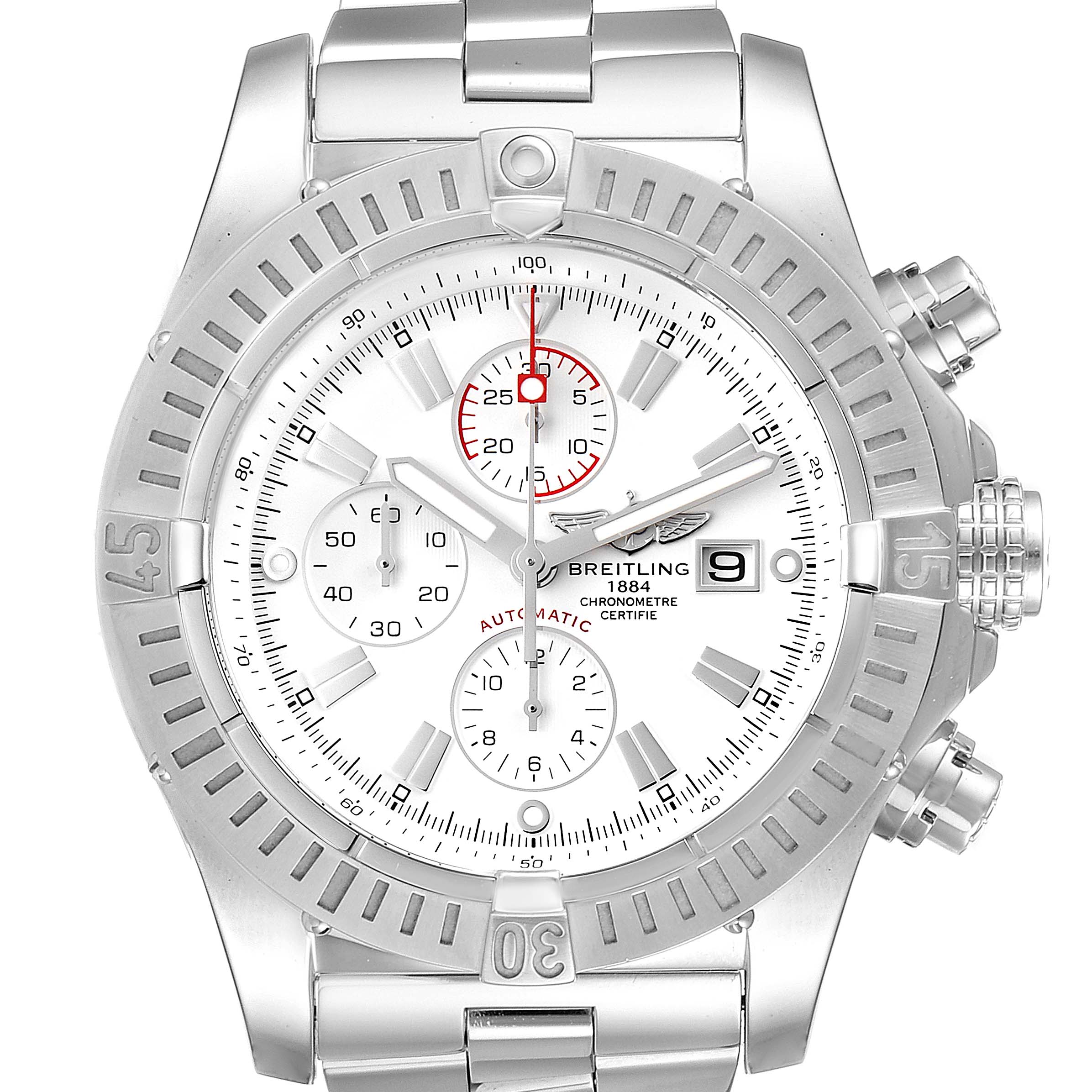 The image shows a front view of the Breitling Avenger A13370 Men's Stainless Steel White Dial A13370 Men's Stainless Steel White Dial watch displaying its dial, bezel, chronograph subdials, and date window.