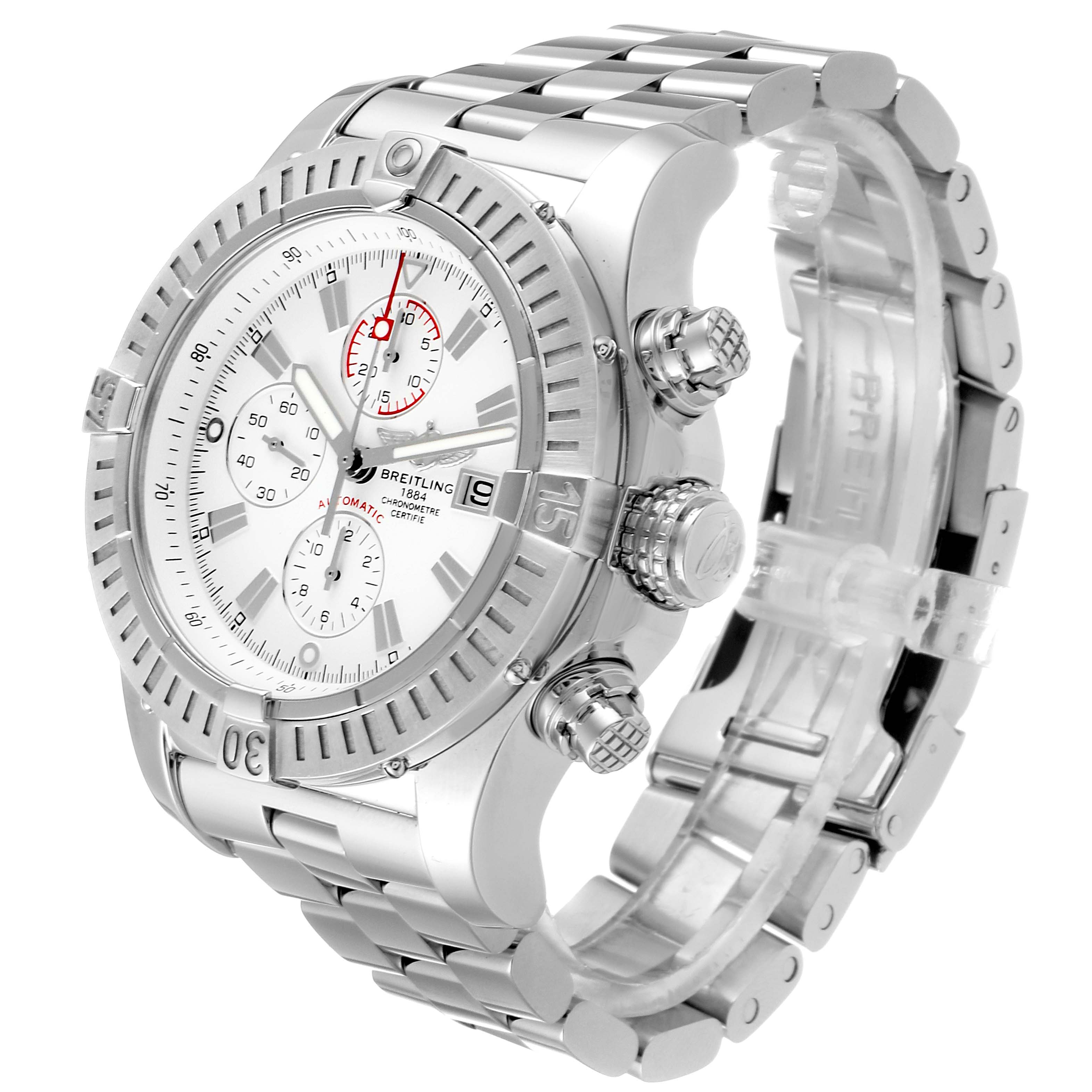 This image shows a side-angle view of the Breitling Avenger A13370 Men's Stainless Steel White Dial A13370 Men's Stainless Steel White Dial watch displaying its face, chronograph dials, bezel, and stainless steel bracelet.