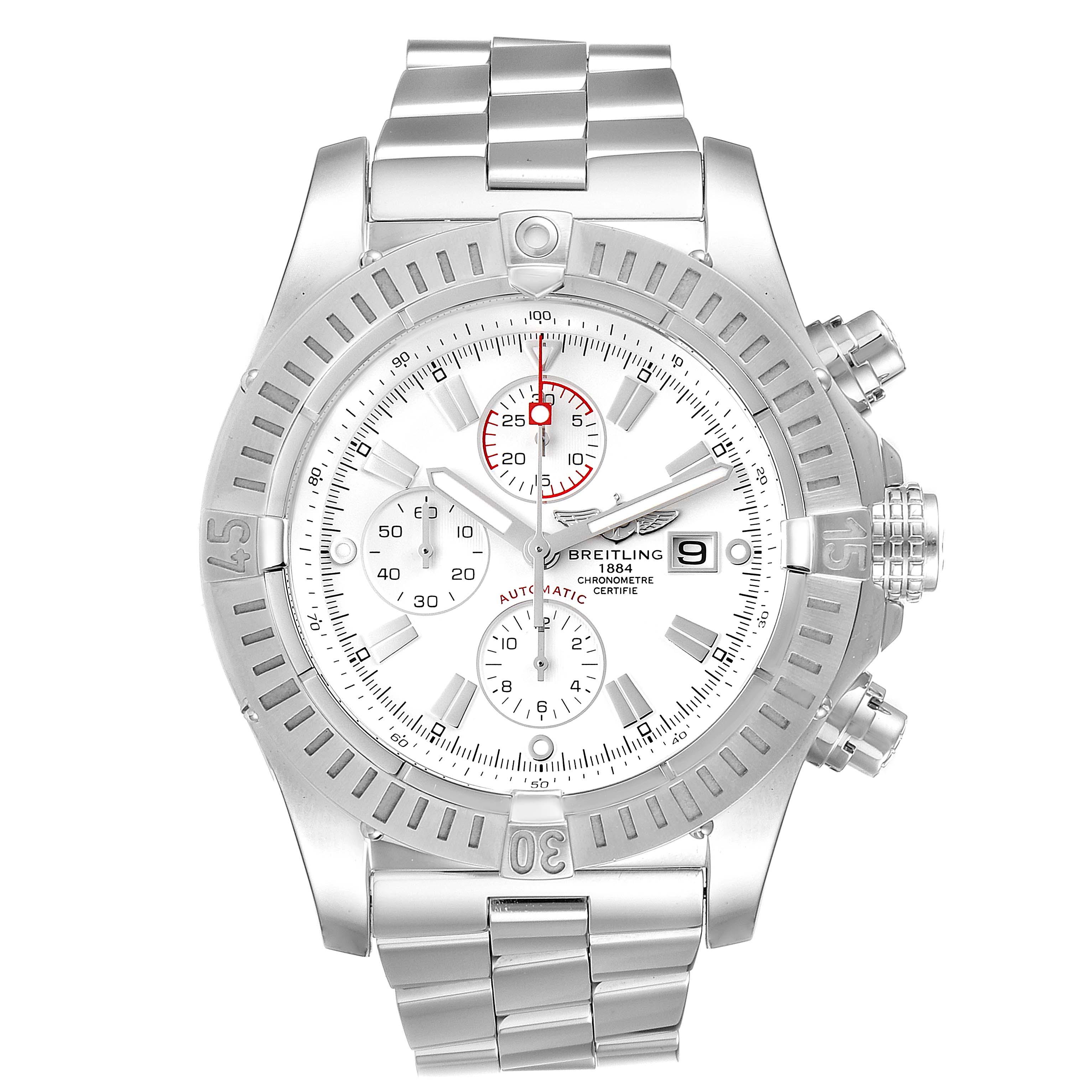 The image shows a front-facing view of a Breitling Avenger A13370 Men's Stainless Steel White Dial A13370 Men's Stainless Steel White Dial watch, highlighting its dial, bezel, subdials, and metal bracelet.