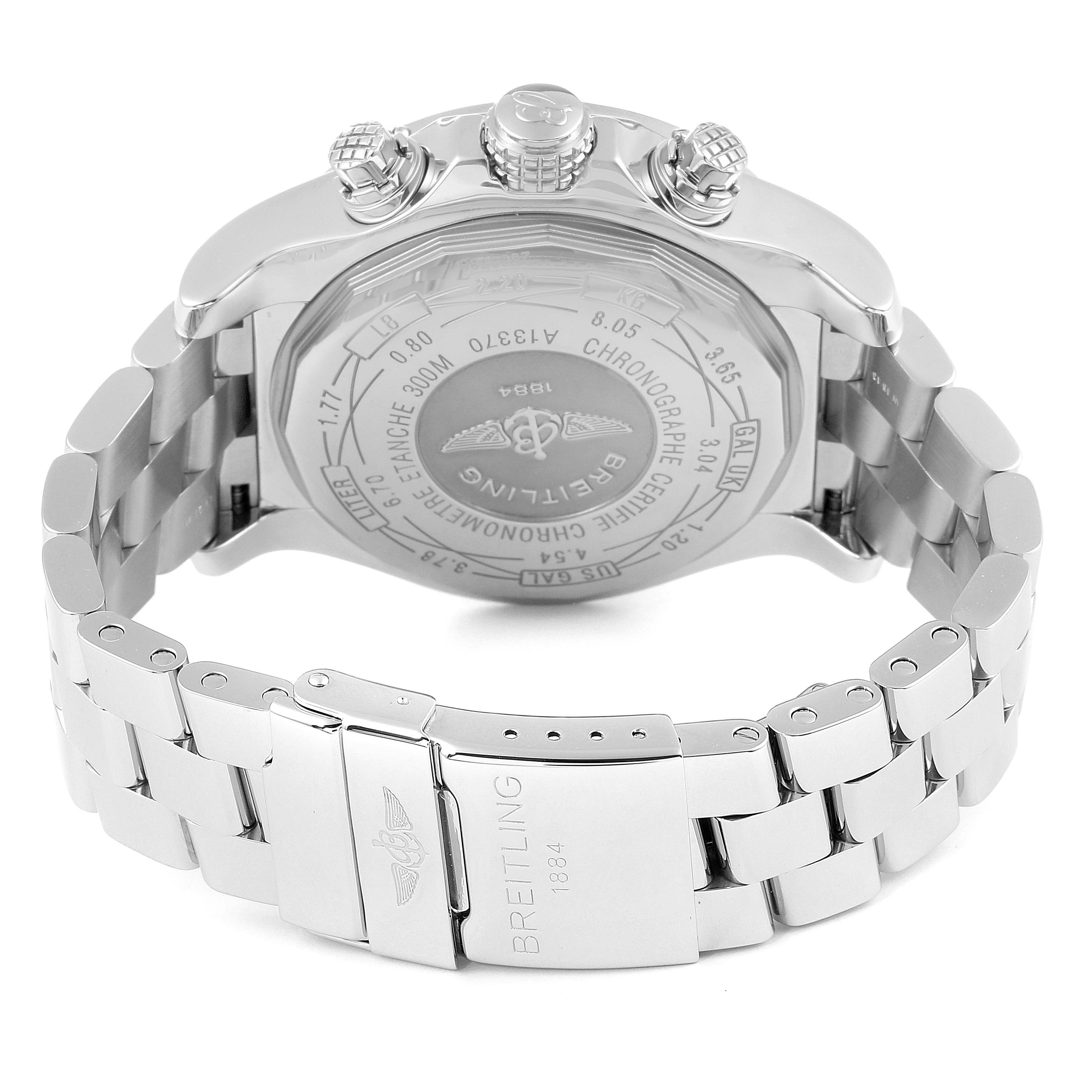 The image shows the back and clasp of a Breitling Avenger A13370 Men's Stainless Steel White Dial A13370 Men's Stainless Steel White Dial watch at a slight angle, highlighting the details on the case back and metal bracelet.