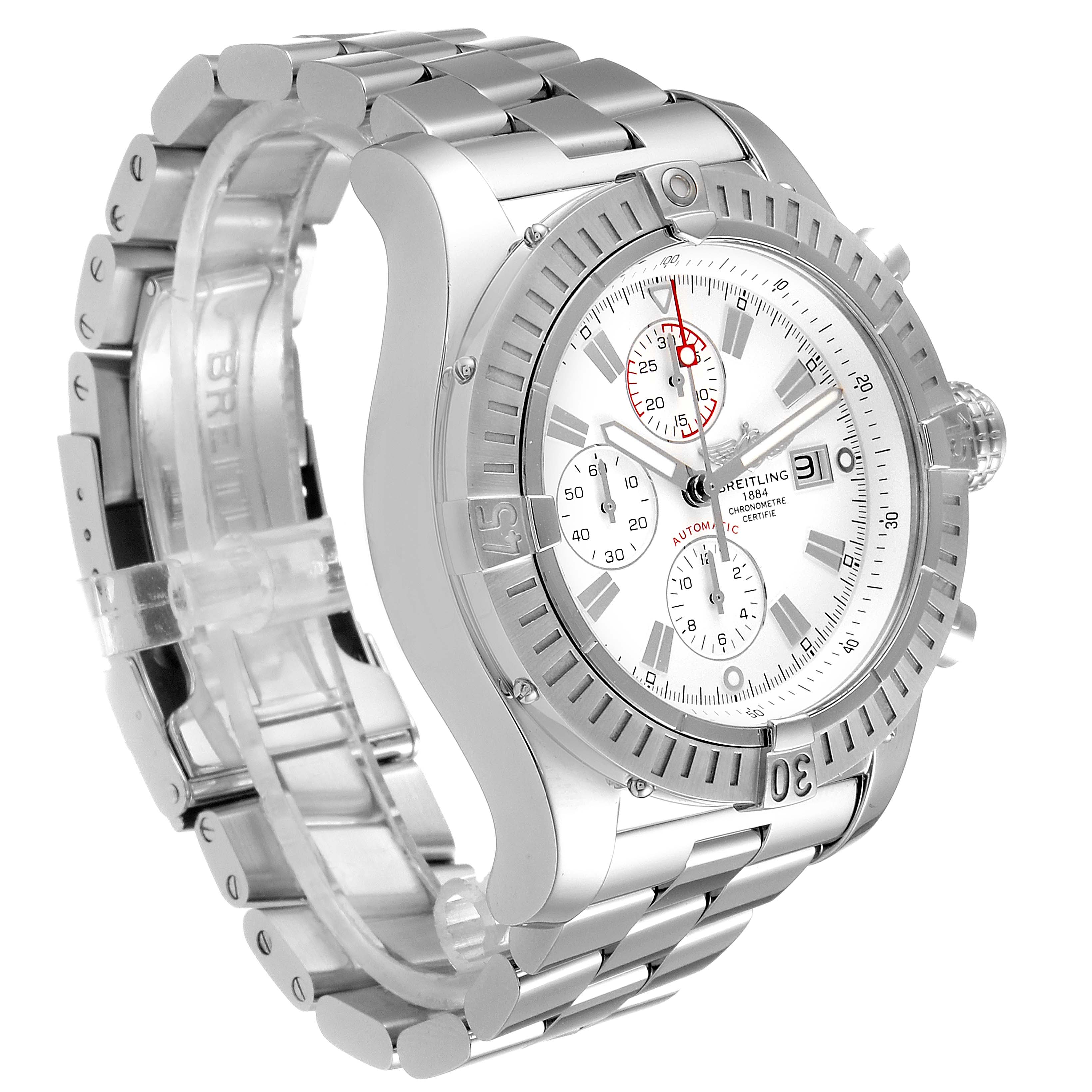 The image shows a Breitling Avenger A13370 Men's Stainless Steel White Dial A13370 Men's Stainless Steel White Dial watch angled to display the left side, bezel, dial, and part of the bracelet.