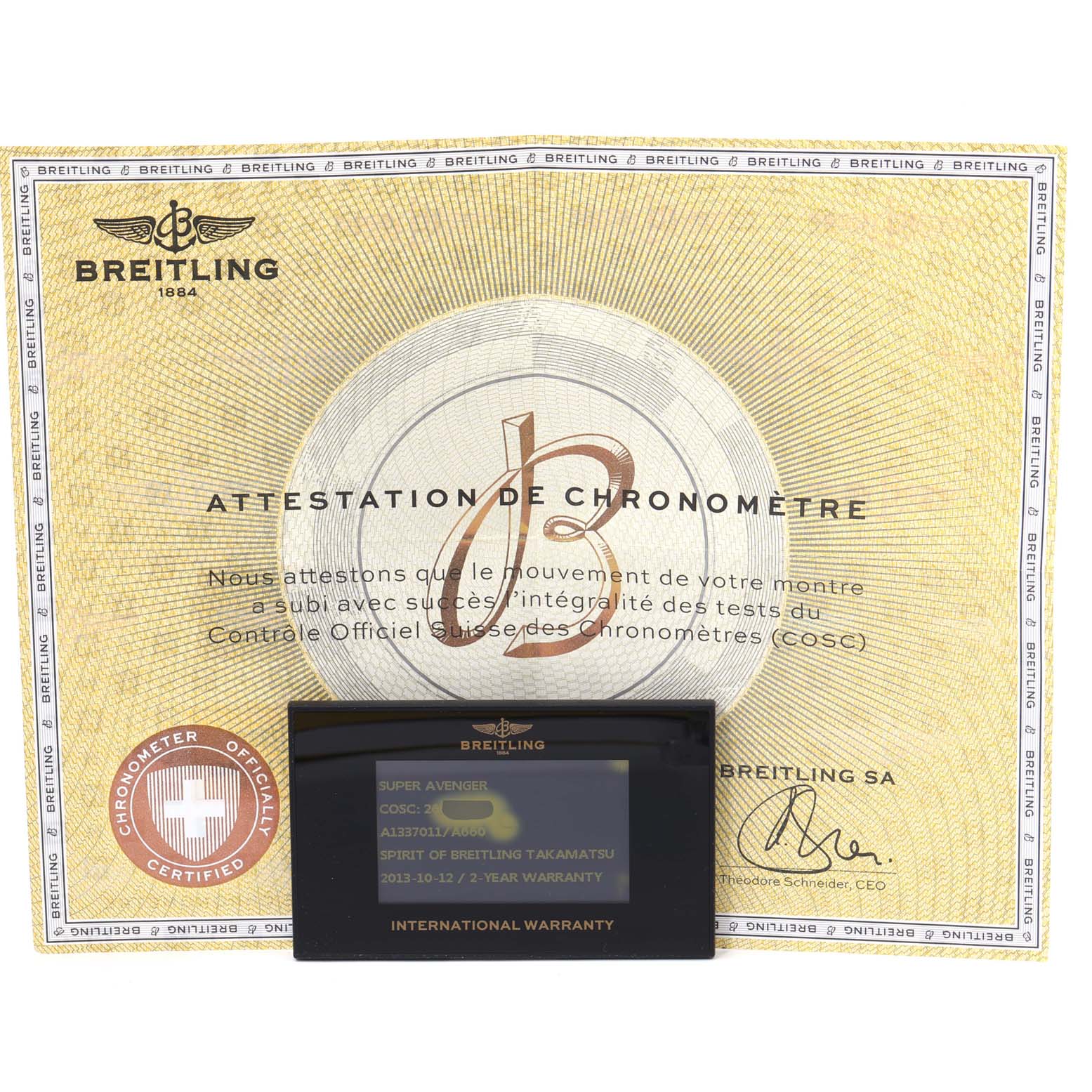 The image displays the attestation of chronometer certificate and international warranty card for a Breitling Avenger A13370 Men's Stainless Steel White Dial A13370 Men's Stainless Steel White Dial watch.
