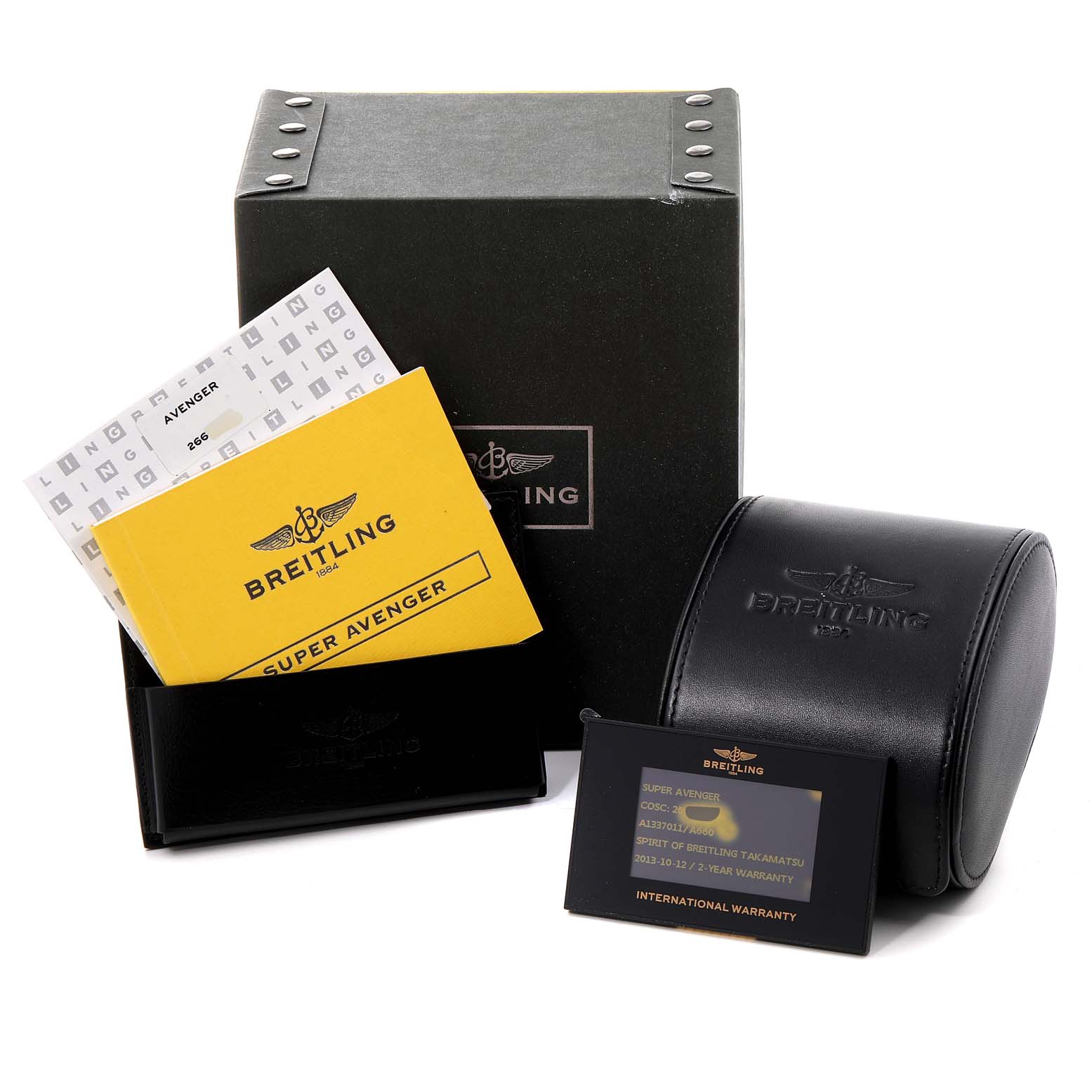 The image shows a Breitling Avenger A13370 Men's Stainless Steel White Dial A13370 Men's Stainless Steel White Dial model box, manual, warranty card, and a black watch case.