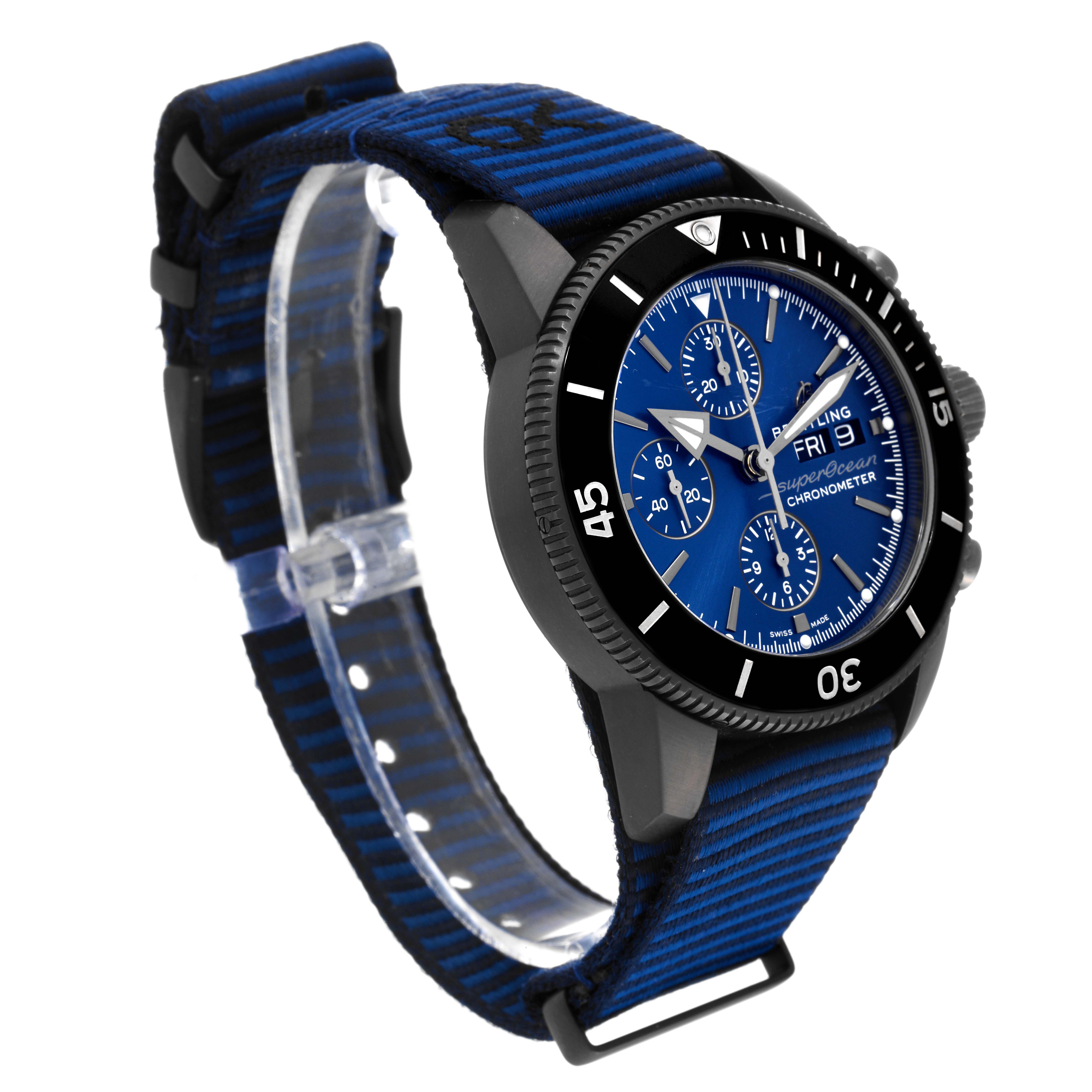 This image shows a Breitling Superocean M13313 Men's Stainless Steel Blue Dial M13313 Men's Stainless Steel Blue Dial watch at a three-quarter angle, highlighting the dial, bezel, and strap.