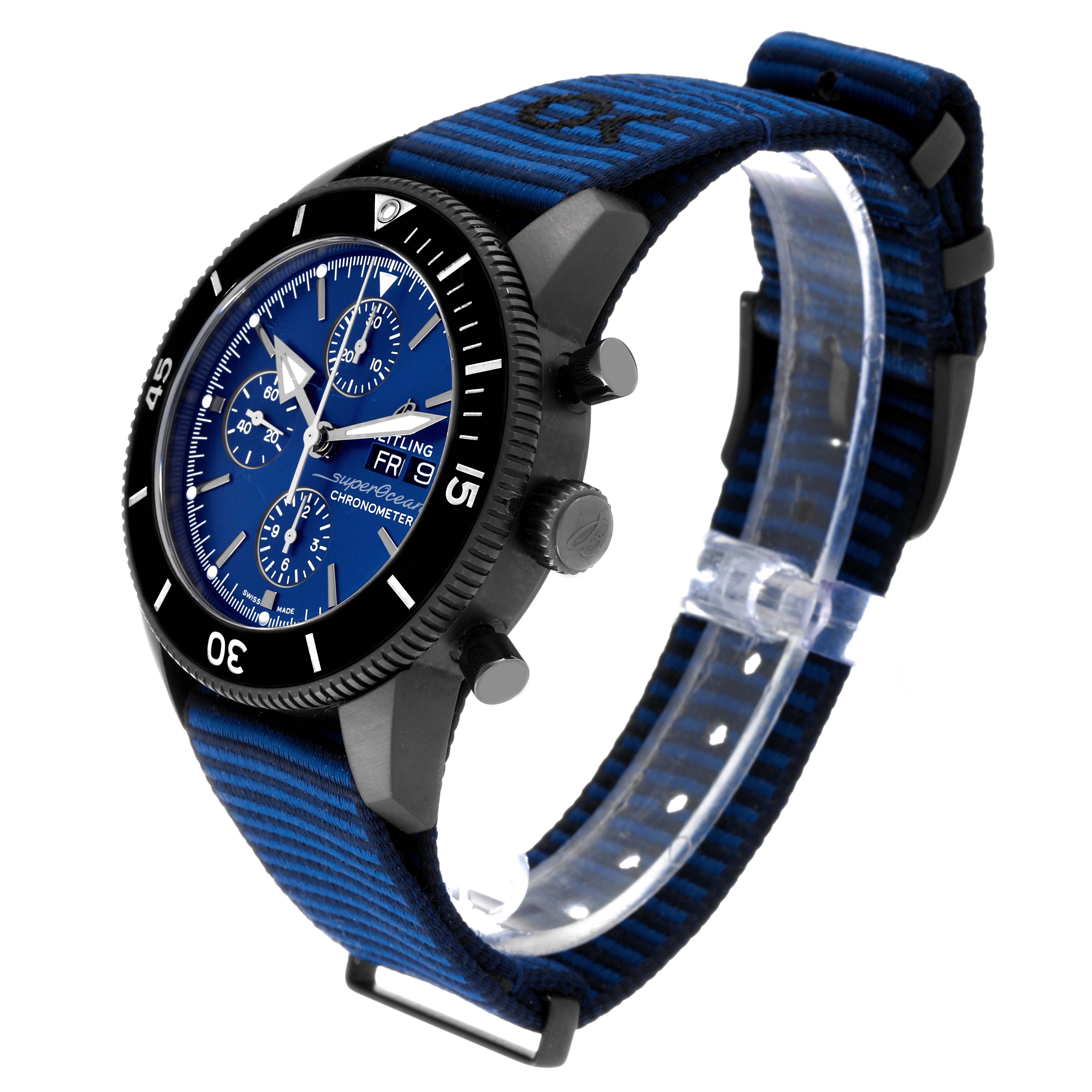 The image shows a Breitling Superocean M13313 Men's Stainless Steel Blue Dial M13313 Men's Stainless Steel Blue Dial watch at a three-quarter angle, highlighting the watch face, bezel, and NATO strap.