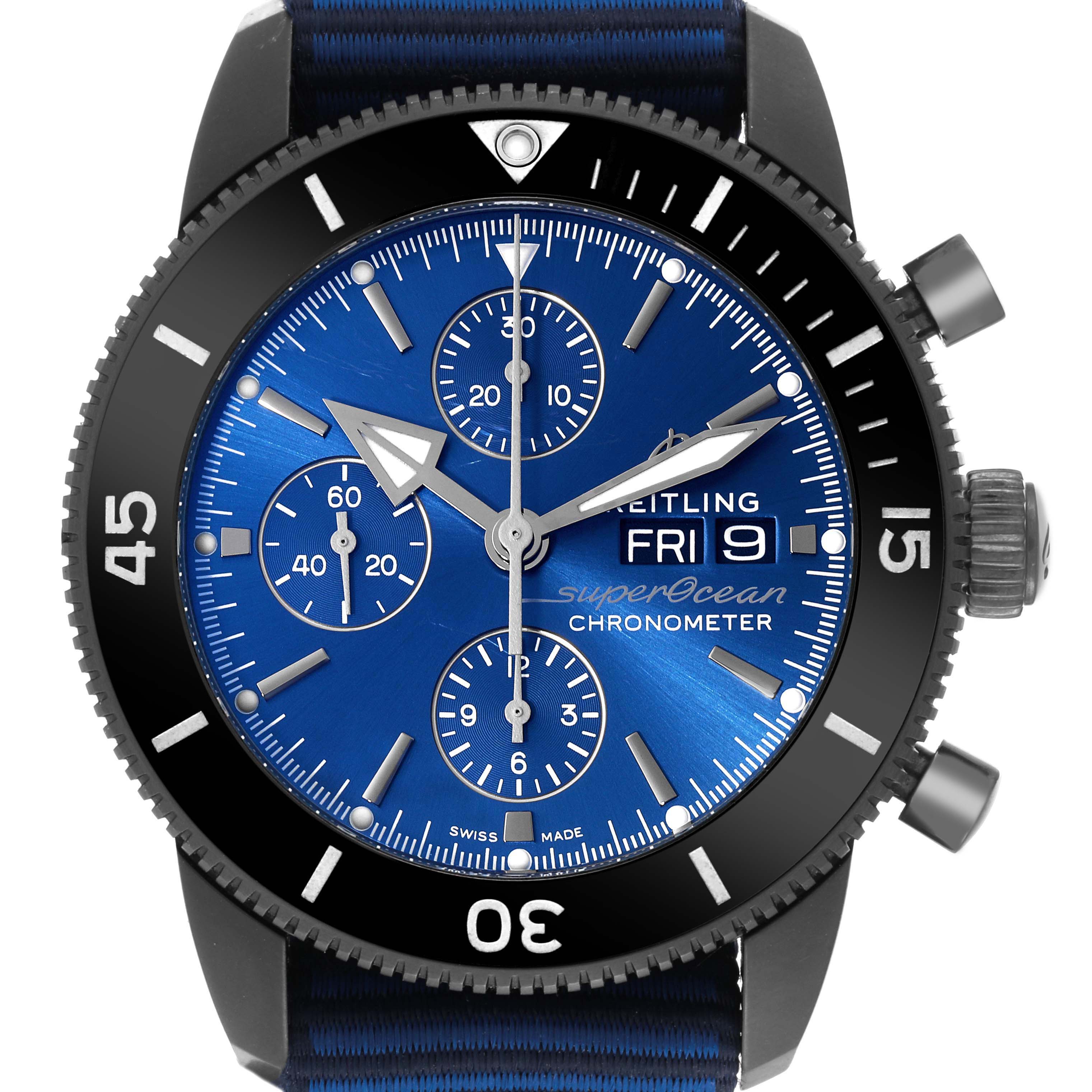 The image shows a close-up, front view of the Breitling Superocean M13313 Men's Stainless Steel Blue Dial M13313 Men's Stainless Steel Blue Dial Chronometer, highlighting its blue dial and black bezel.