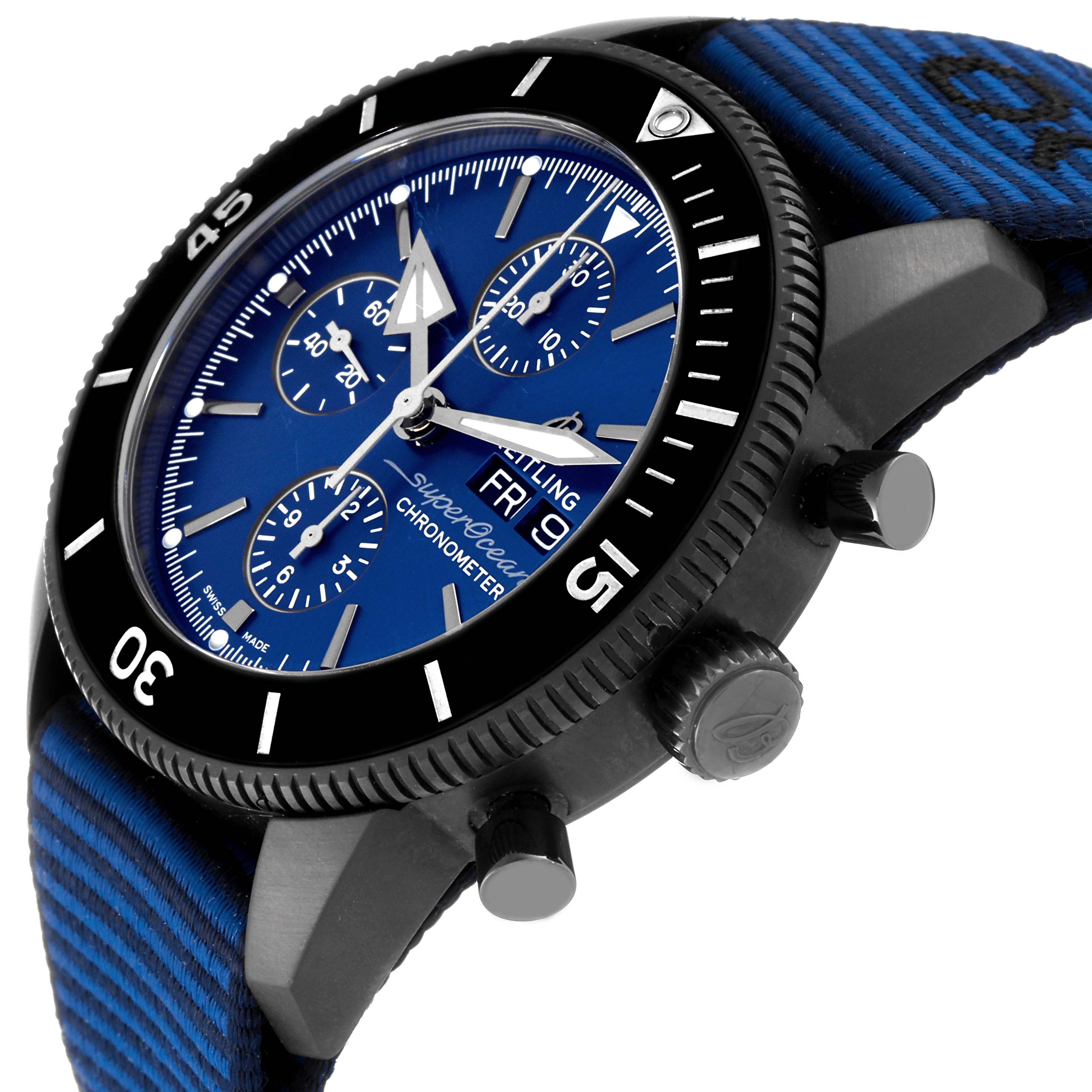 The Breitling Superocean M13313 Men's Stainless Steel Blue Dial M13313 Men's Stainless Steel Blue Dial watch is shown at an angle, highlighting the face, crown, and pushers, with a blue strap visible.