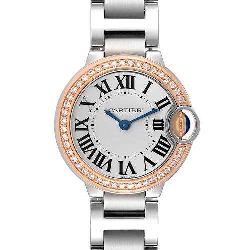 The Cartier Ballon Bleu WE902079 Women's Steel and Gold (two tone) Silver Dial watch is shown from the front, featuring the dial, bezel with diamonds, and metal bracelet.