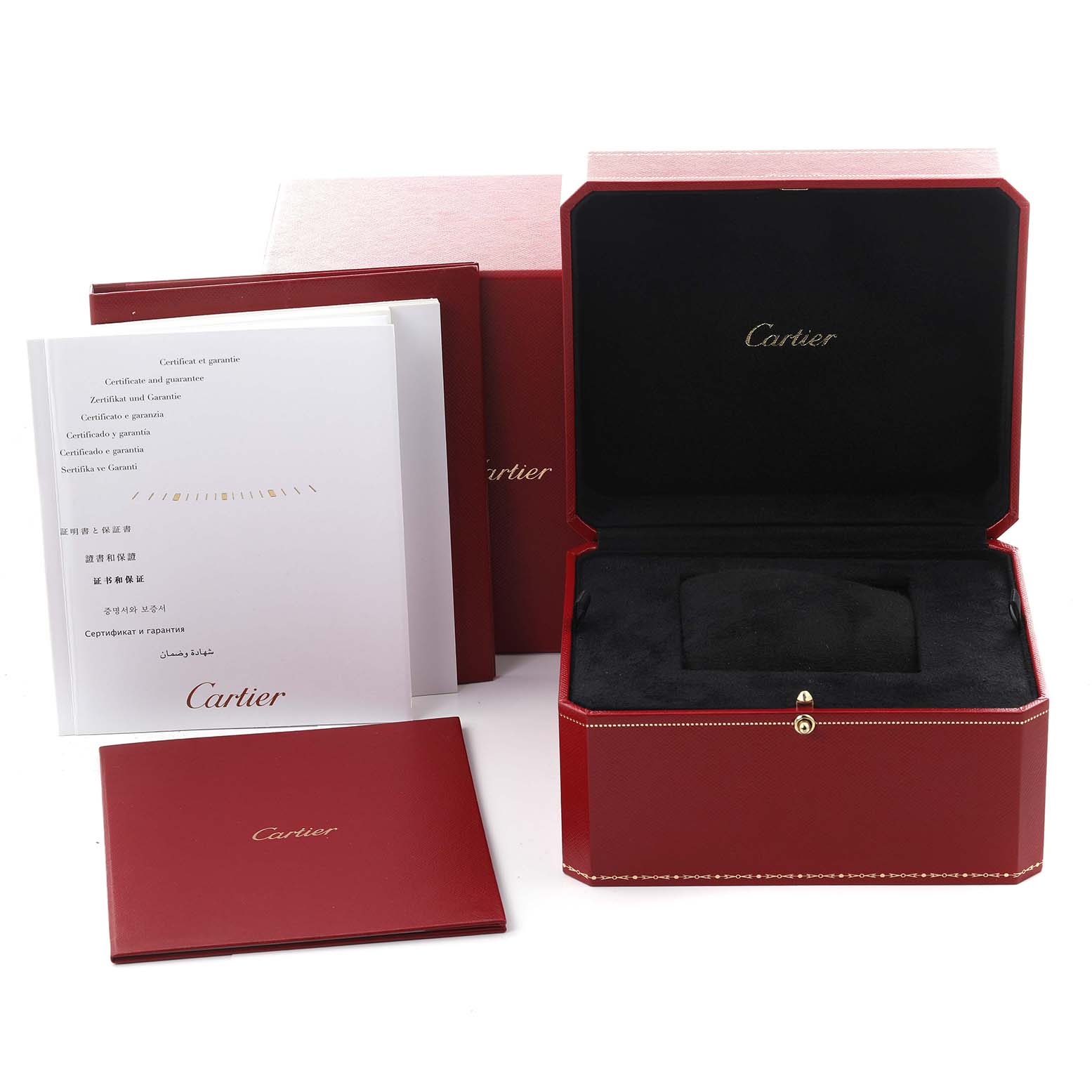 The Cartier Ballon Bleu WE902079 Women's Steel and Gold (two tone) Silver Dial WE902079 Women's Steel and Gold (two tone) Silver Dial packaging includes an open red watch box and warranty cards, all viewed from the front angle.