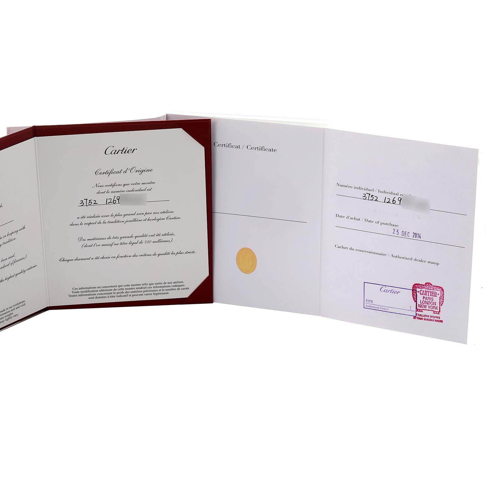 The image shows the certificate set for the Cartier Ballon Bleu WE902079 Women's Steel and Gold (two tone) Silver Dial WE902079 Women's Steel and Gold (two tone) Silver Dial, displaying the open document and authenticity details.