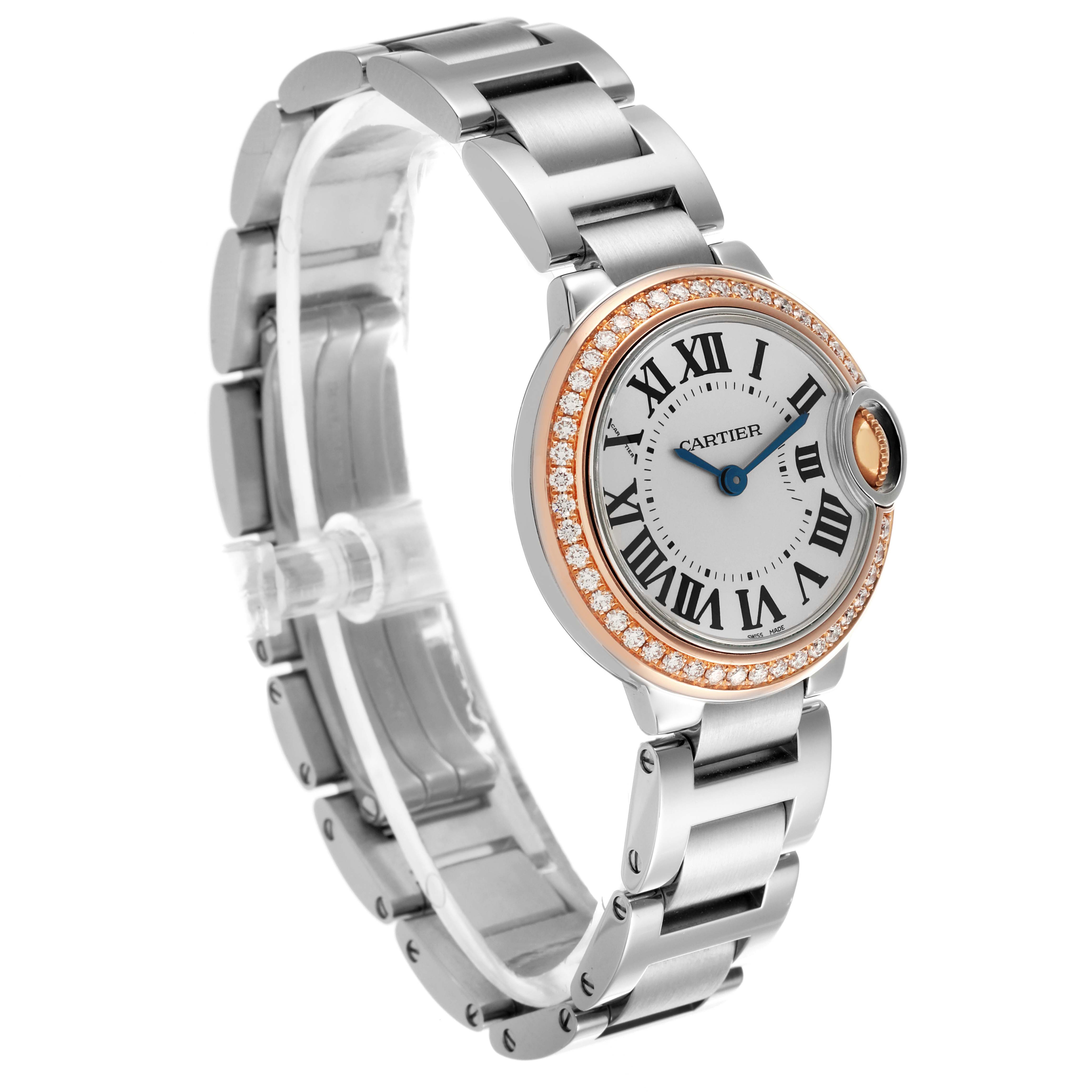 The Cartier Ballon Bleu WE902079 Women's Steel and Gold (two tone) Silver Dial WE902079 Women's Steel and Gold (two tone) Silver Dial watch is shown from a side angle highlighting the face, bezel with diamonds, and metal bracelet.