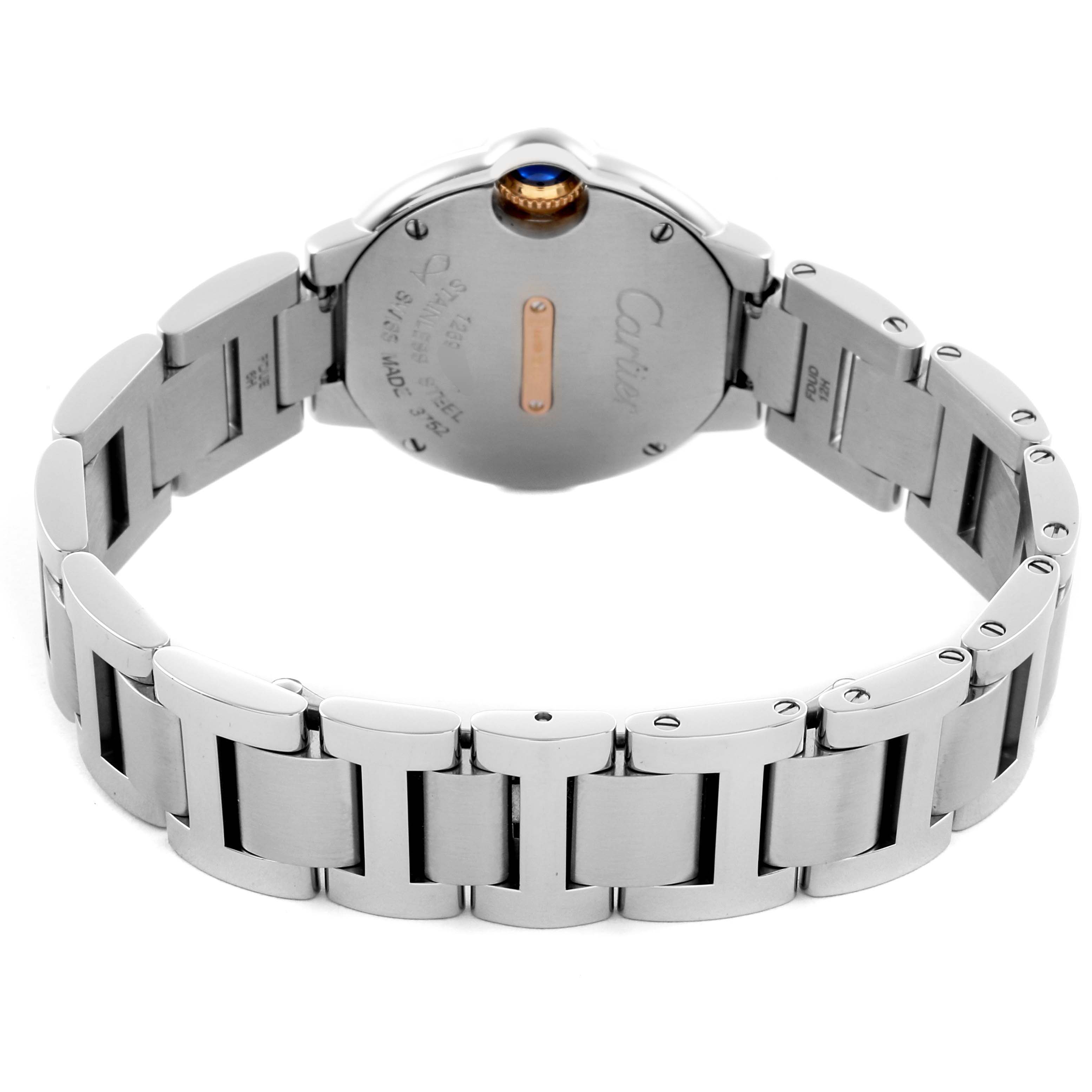 The Cartier Ballon Bleu WE902079 Women's Steel and Gold (two tone) Silver Dial WE902079 Women's Steel and Gold (two tone) Silver Dial is shown from the back, highlighting the case back and metal bracelet.