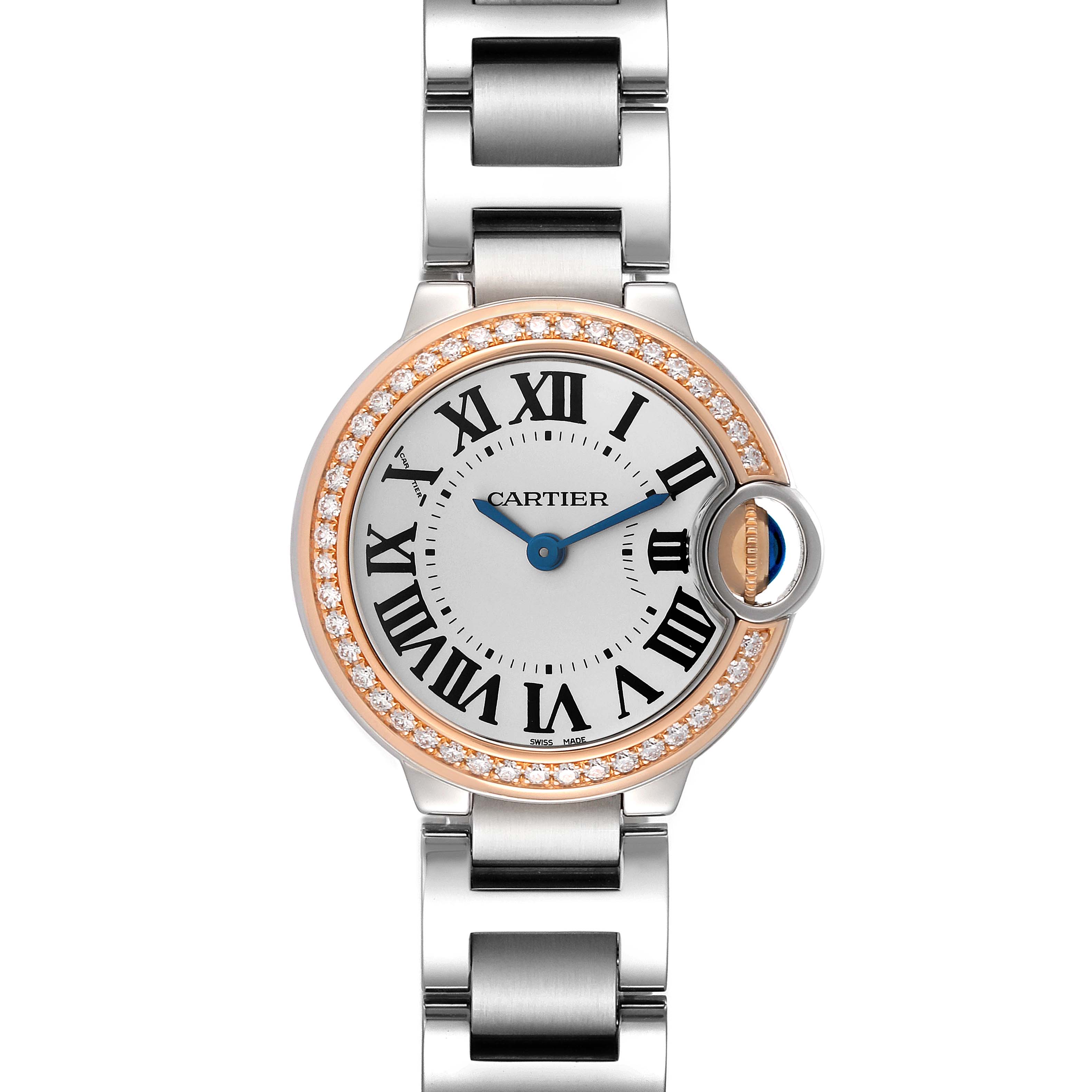 The Cartier Ballon Bleu WE902079 Women's Steel and Gold (two tone) Silver Dial WE902079 Women's Steel and Gold (two tone) Silver Dial watch is shown from a top-down angle, highlighting its face, bezel with diamonds, and bracelet links.