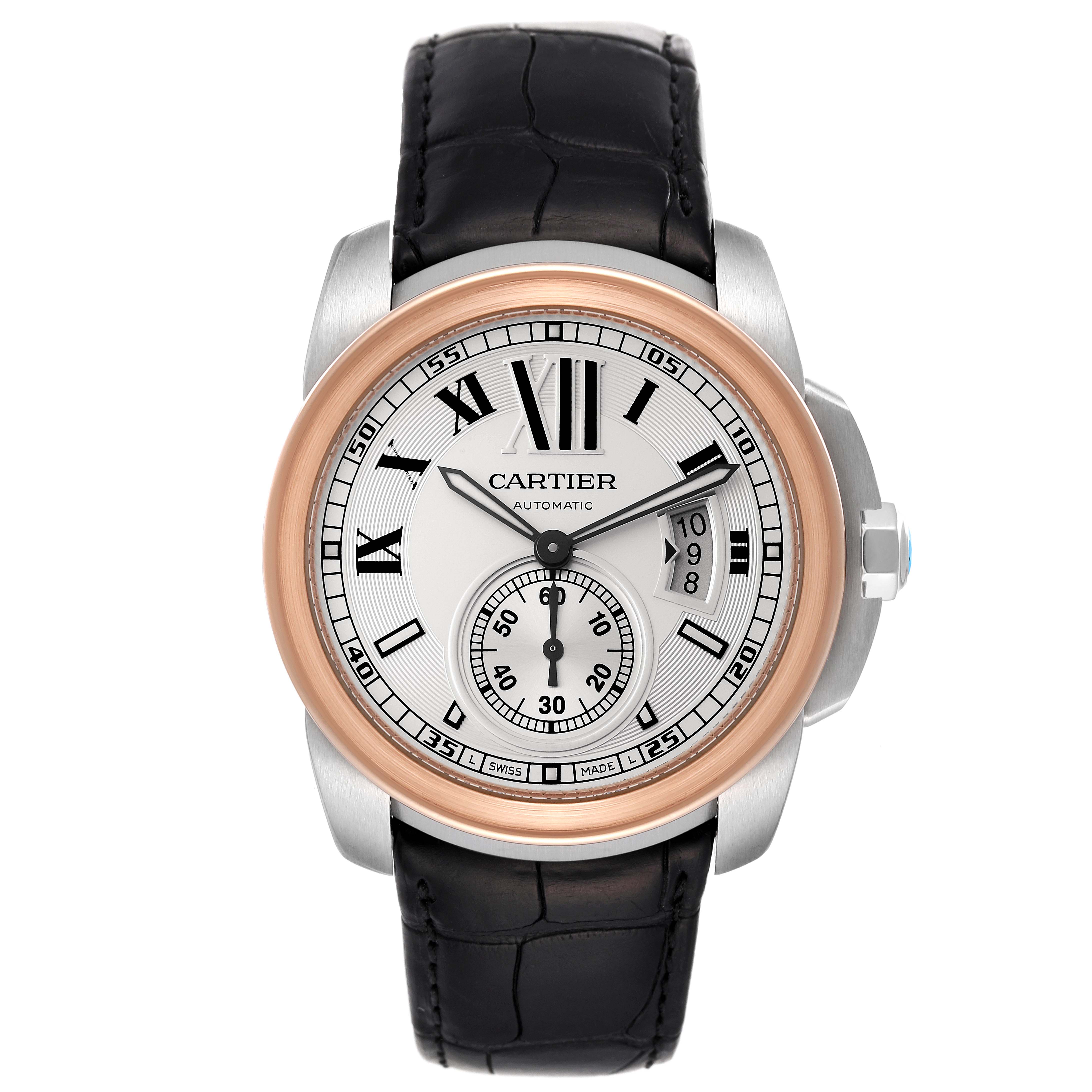 This image shows a frontal view of the Calibre de Cartier watch by Cartier, highlighting its face, bezel, and strap.