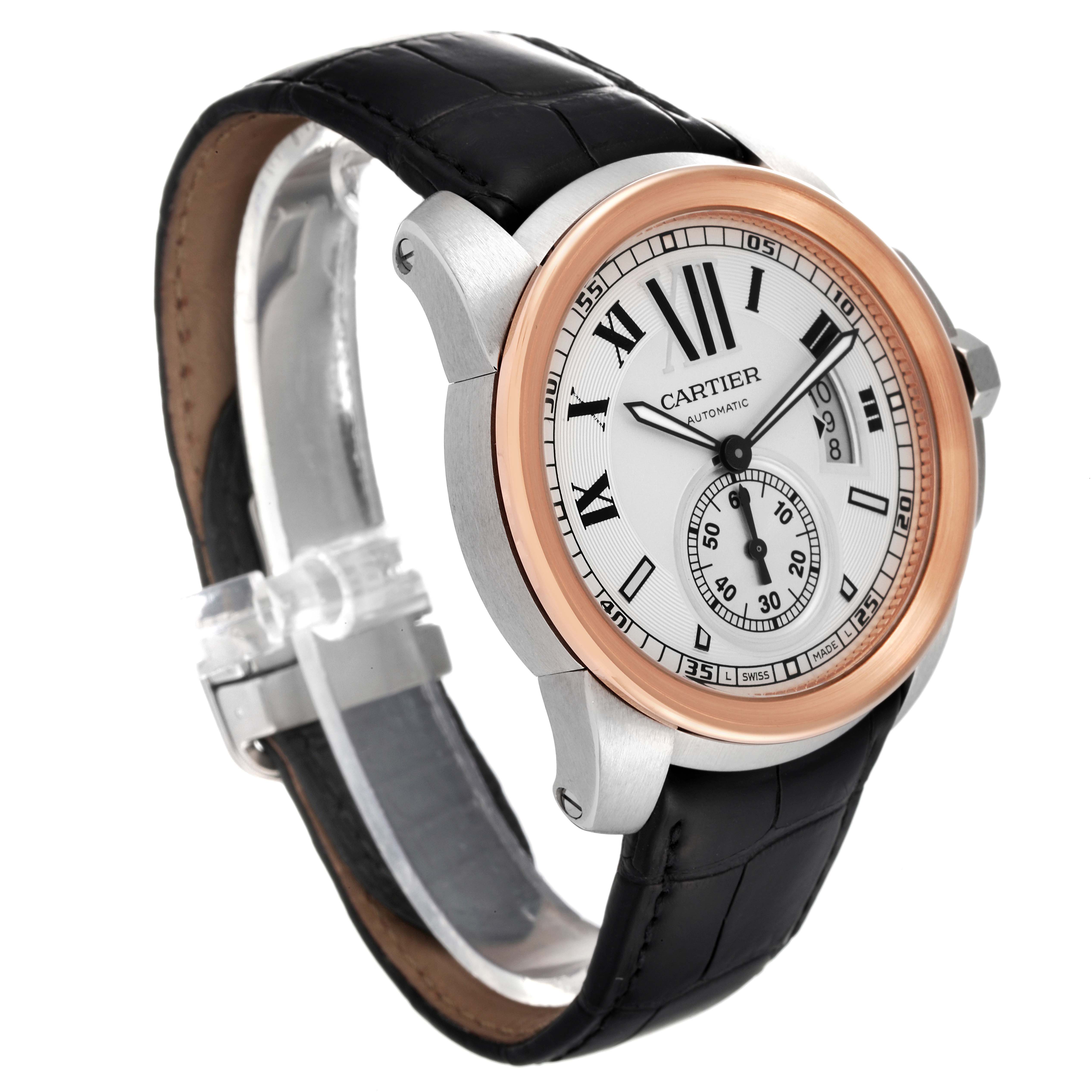 The image shows a Calibre de Cartier watch by Cartier at a 3/4 angle, displaying the face, bezel, and leather strap.