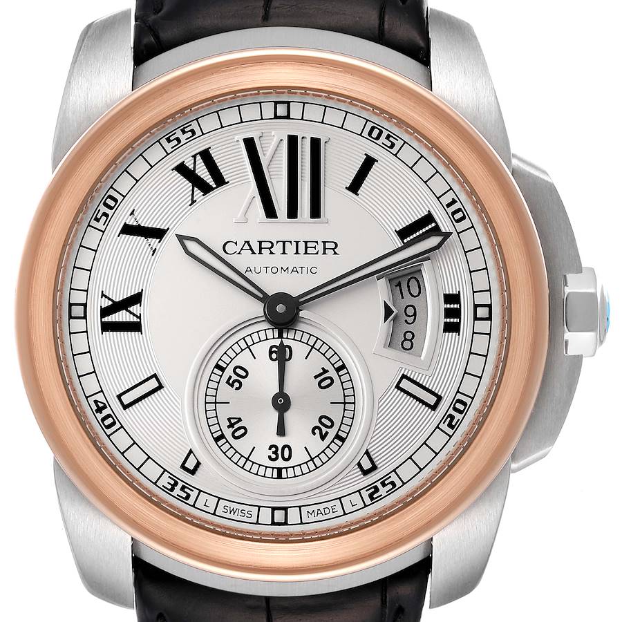 Cartier Calibre Steel Rose Gold Silver Dial Watch W7100036 SwissWatchExpo