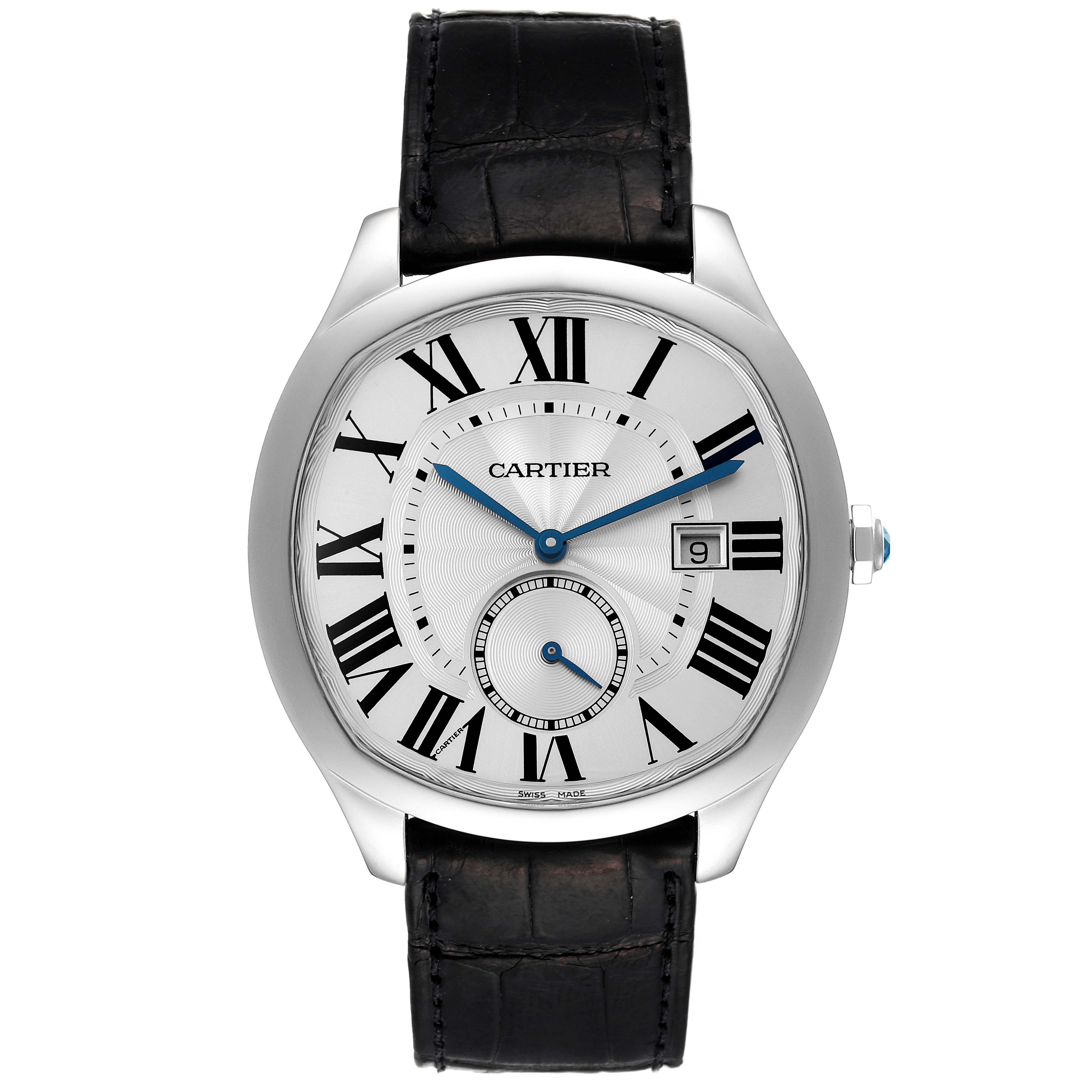 The image shows a front view of the Drive de Cartier watch by Cartier, displaying its face, Roman numerals, black leather strap, and date window.