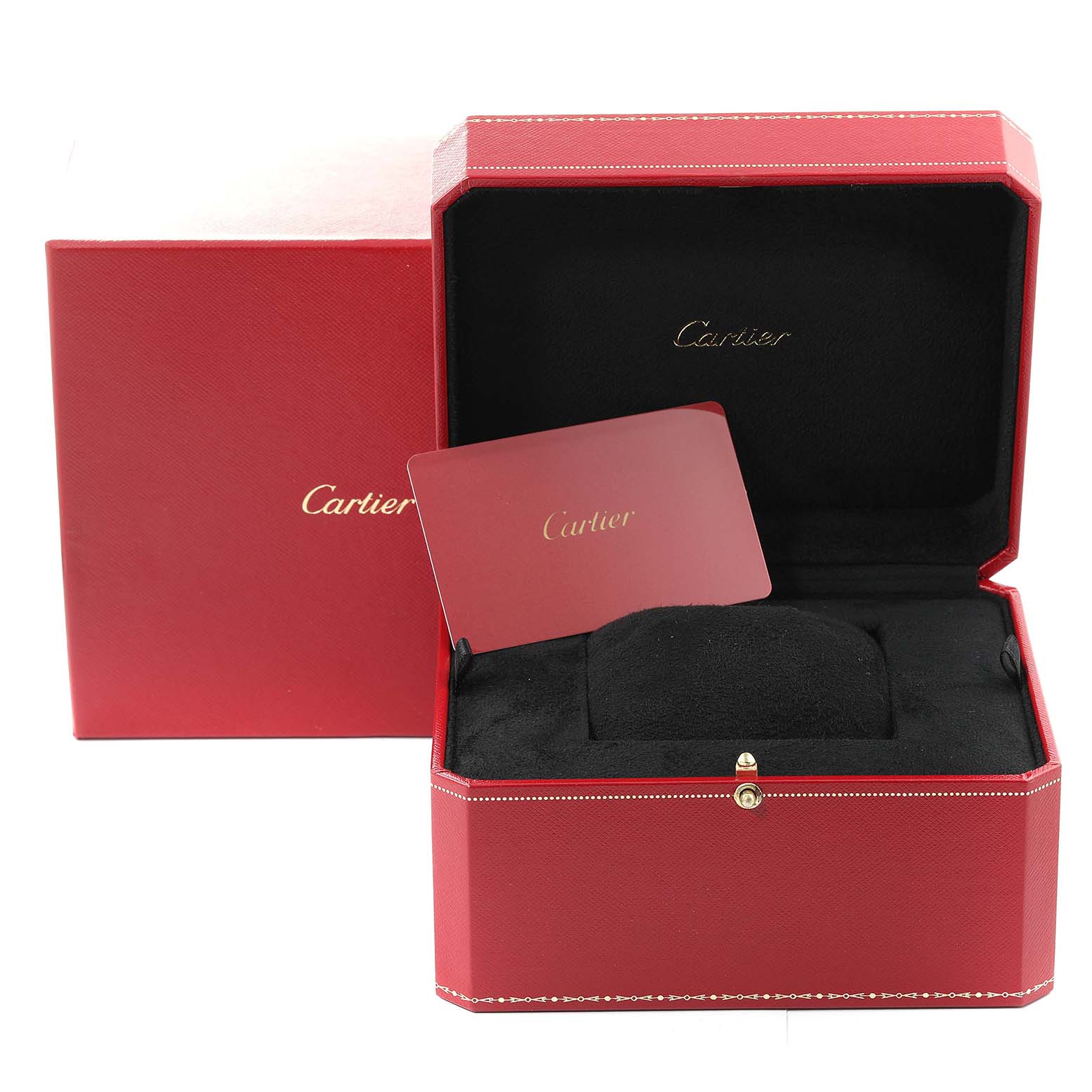 This image shows the packaging with an open case and card for the Drive de Cartier model by Cartier.