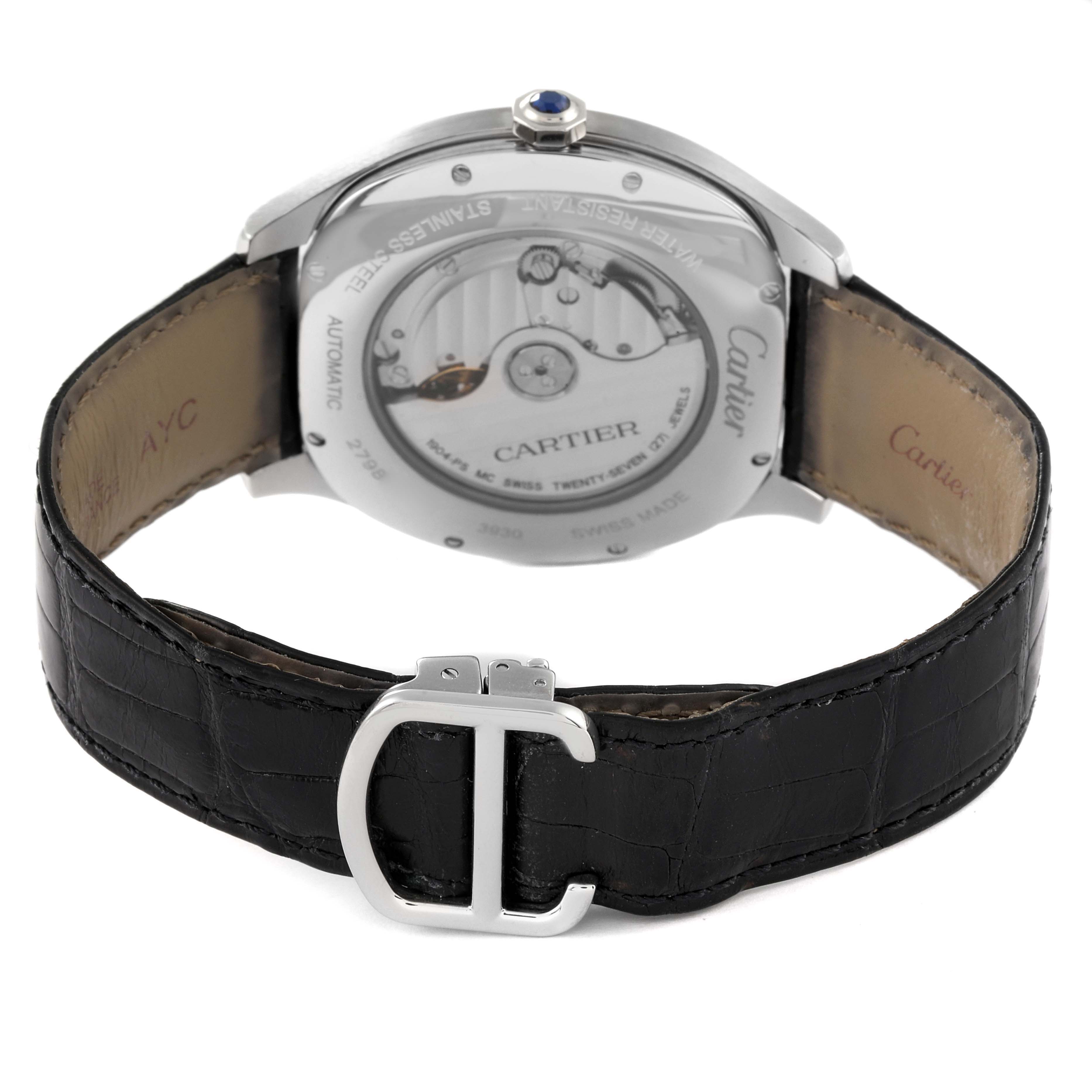 The image shows the back view of the Drive de Cartier watch by Cartier, highlighting the movement and leather strap with the buckle.