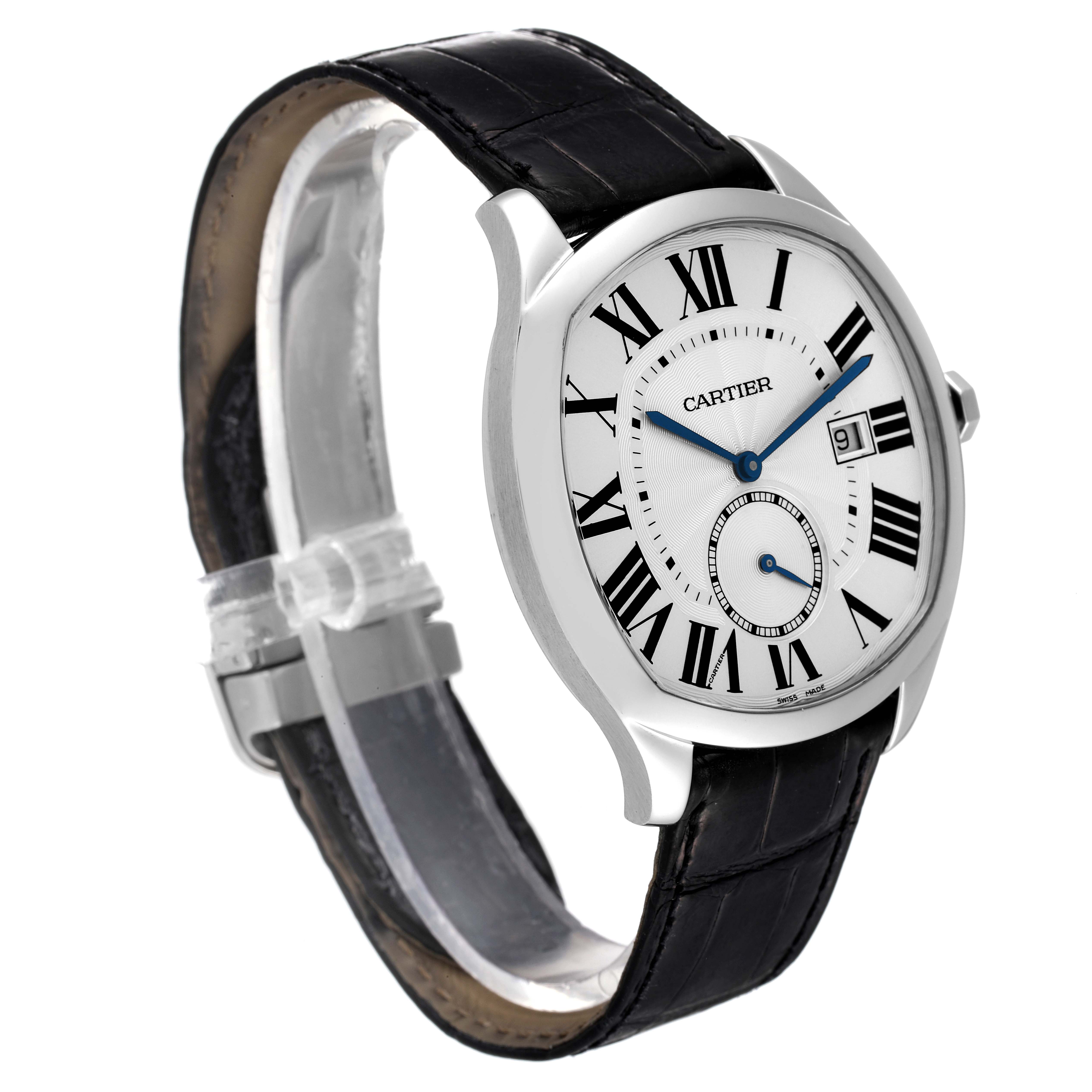 This image shows the front and side angle of the Drive de Cartier watch by Cartier, highlighting the face, strap, and case.