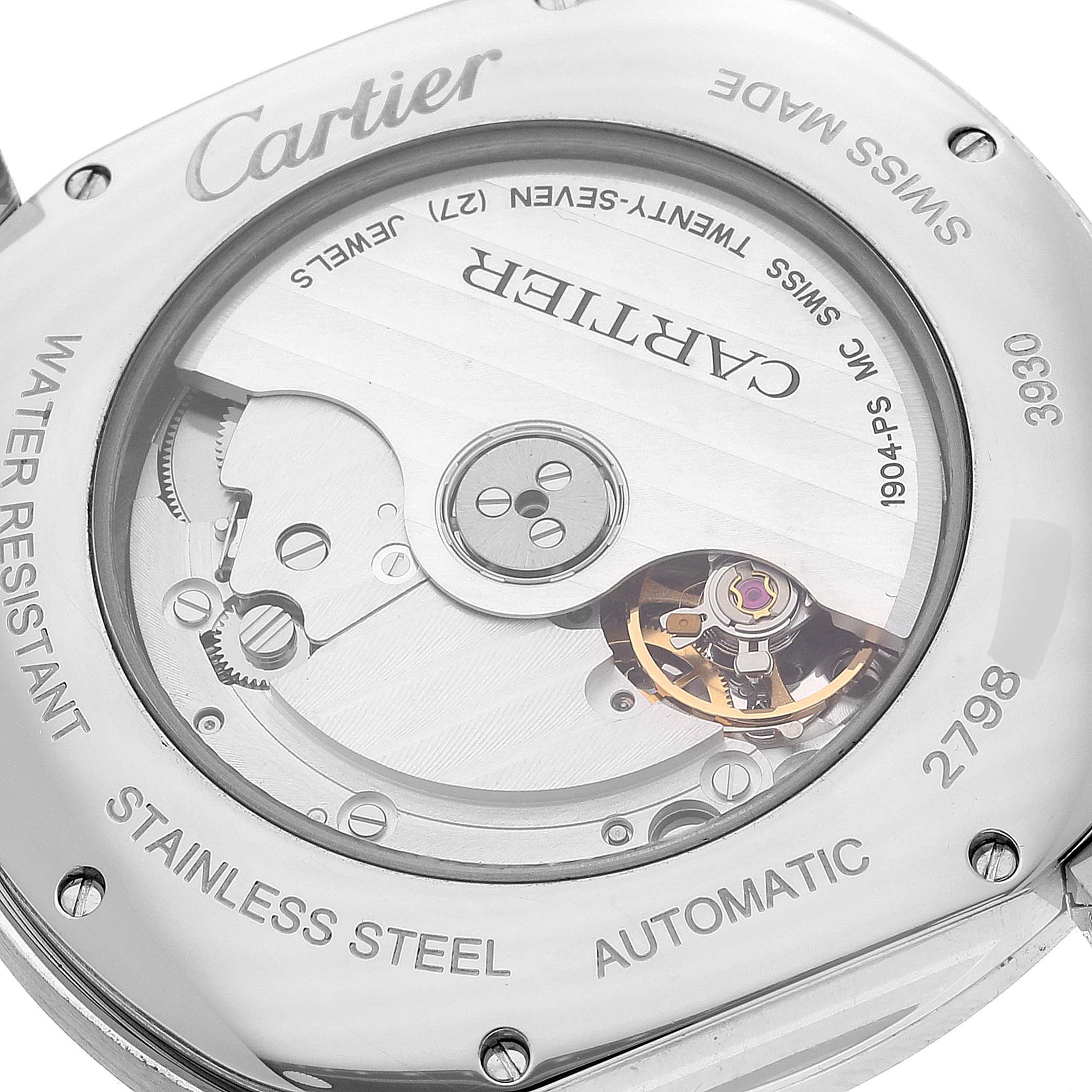 This image shows the back view of the Drive de Cartier watch by Cartier, highlighting its movement and automatic mechanism.