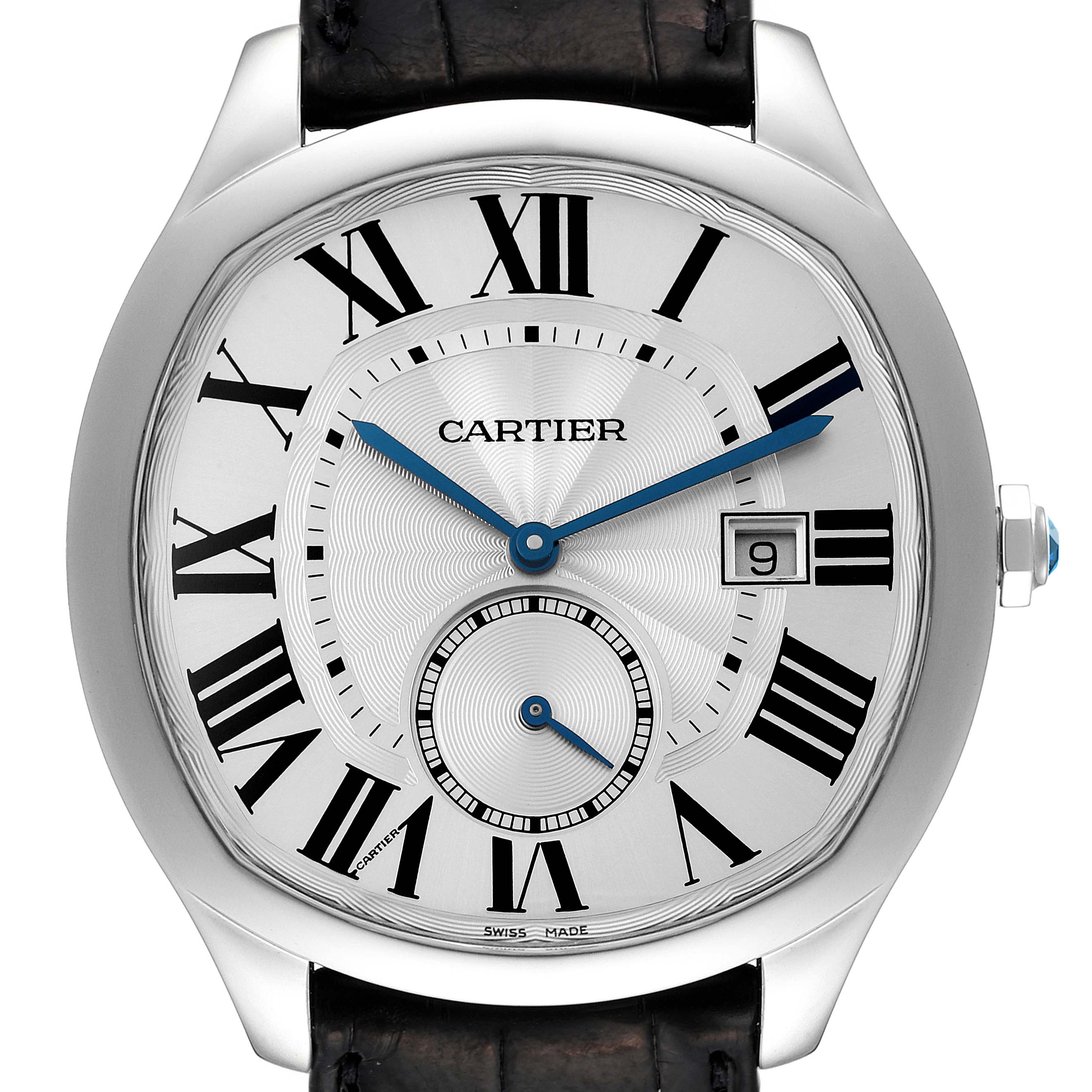 The image shows a frontal view of the Drive de Cartier model by Cartier, highlighting its silver dial, blue hands, date window, and leather strap.