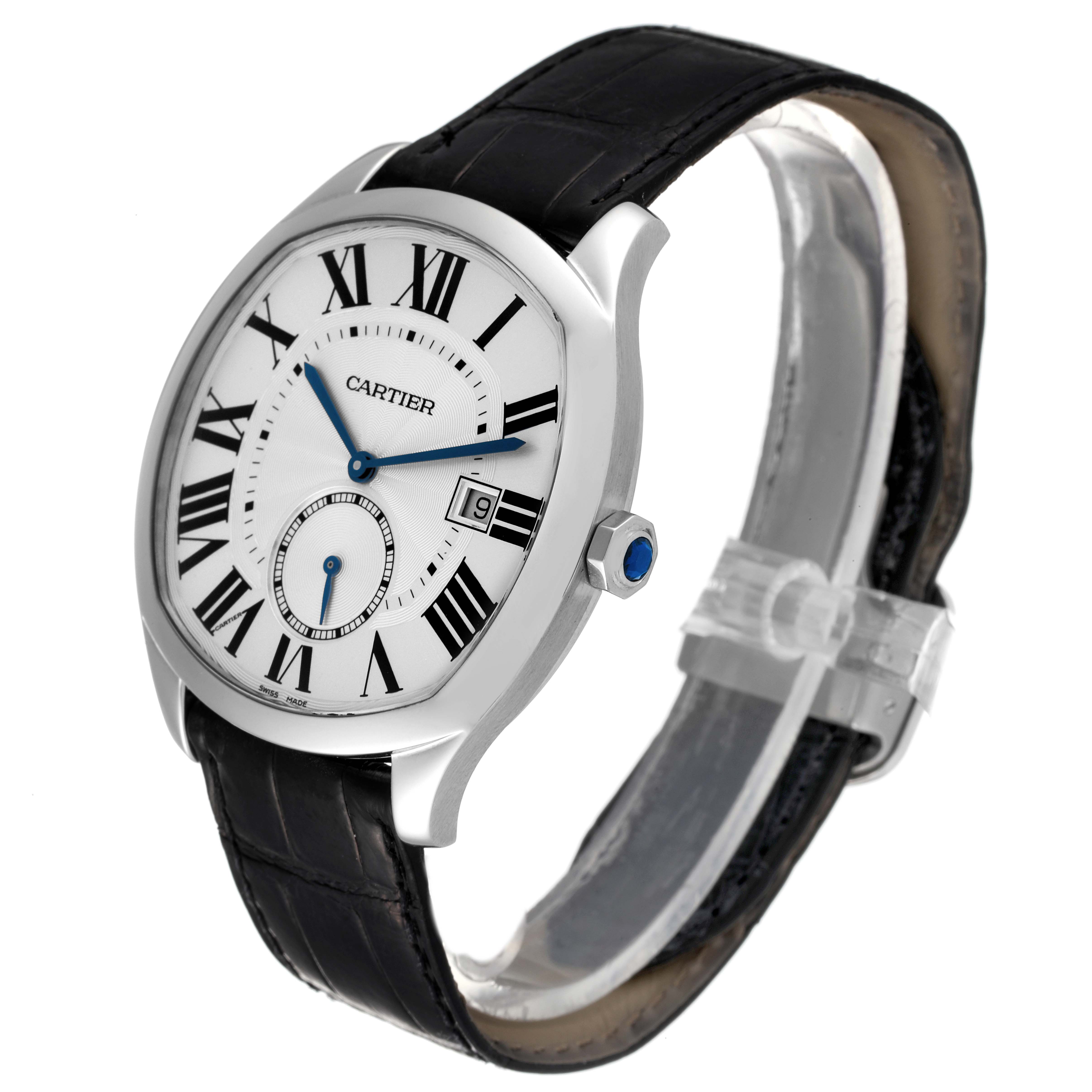 The Drive de Cartier watch by Cartier is shown at an angled side view highlighting its dial, black leather strap, and crown.