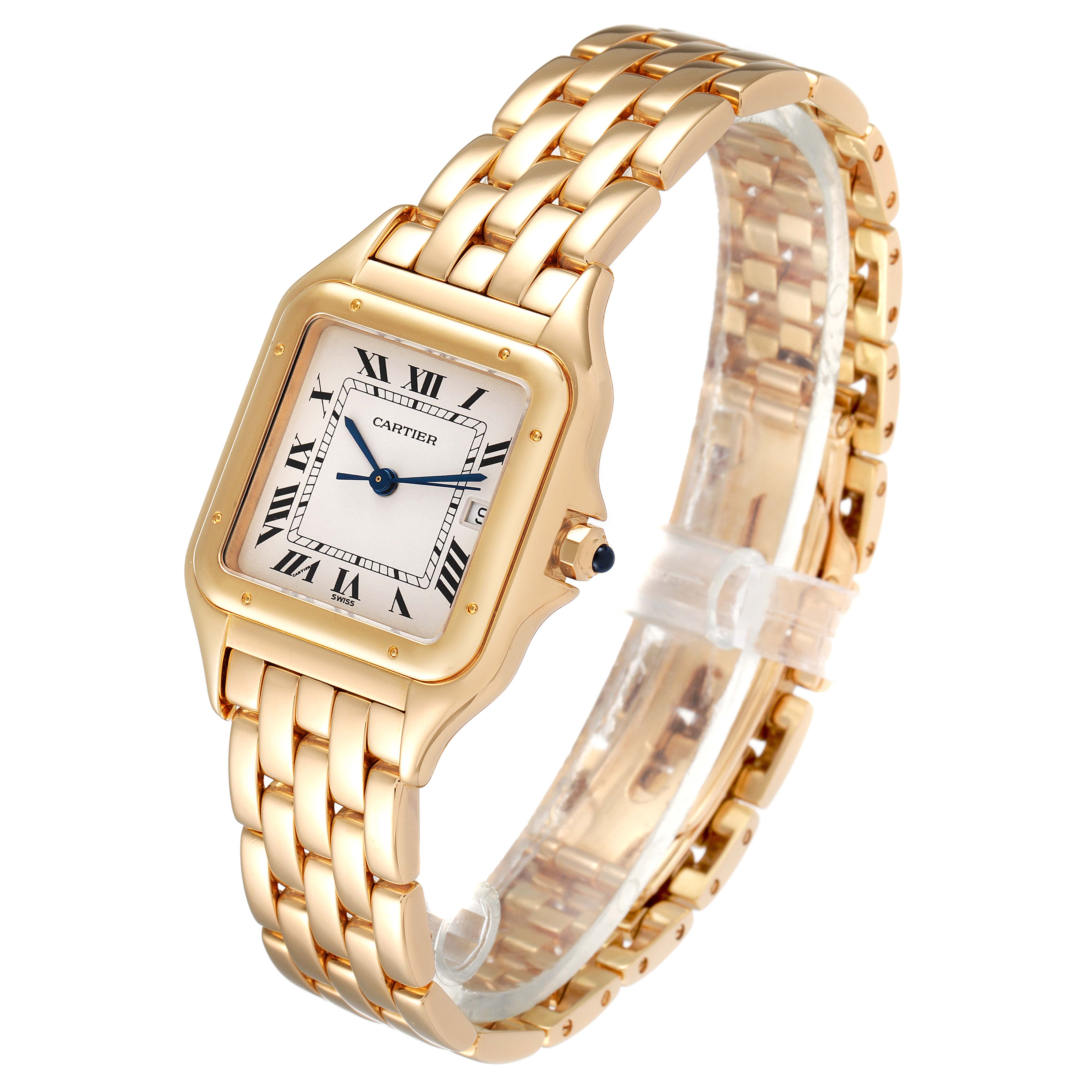 The image shows a Cartier Panthere W25014B9 Women's Yellow Gold Silver Dial W25014B9 Women's Yellow Gold Silver Dial watch at a three-quarter angle displaying the face, bezel, and part of the bracelet.