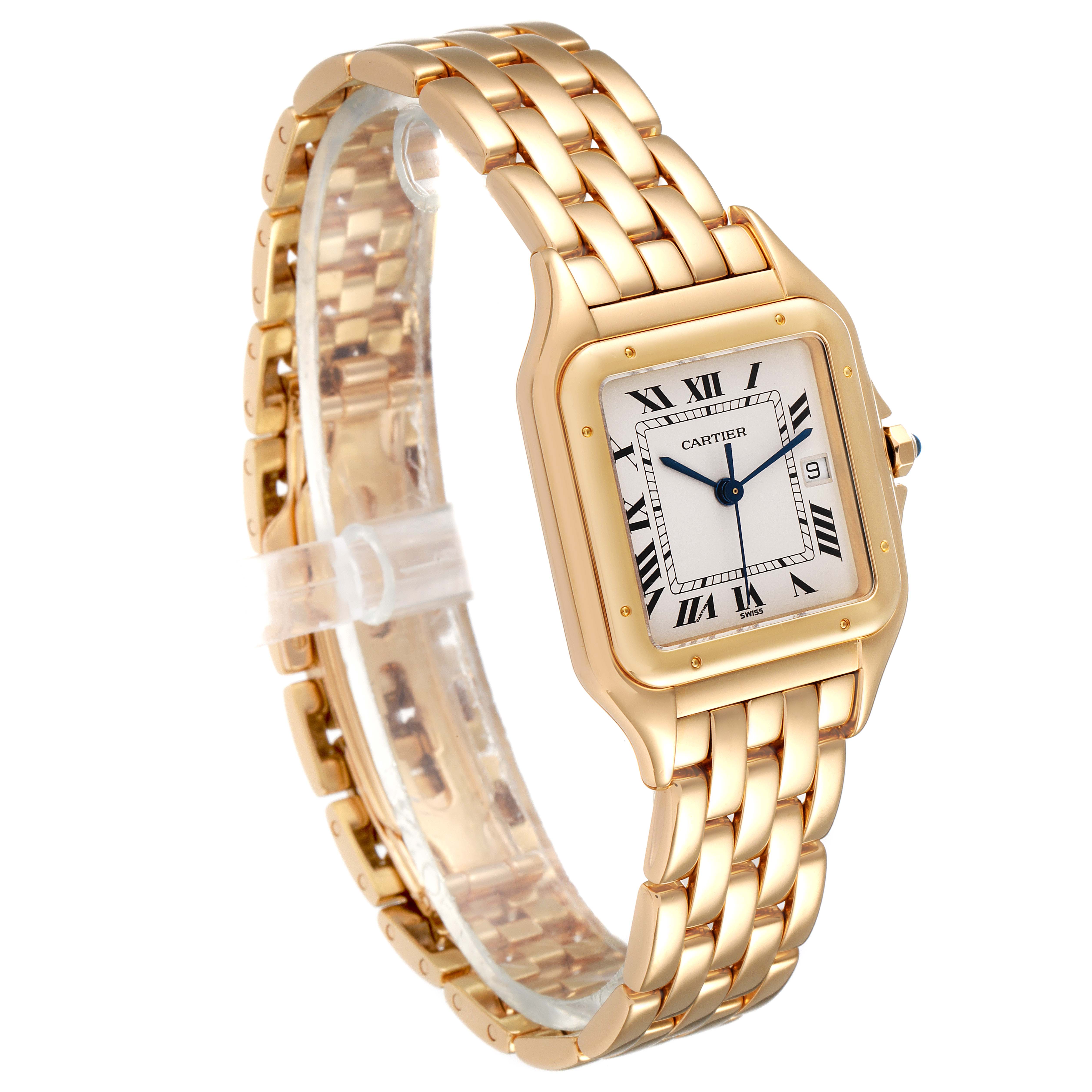 The Cartier Panthere W25014B9 Women's Yellow Gold Silver Dial W25014B9 Women's Yellow Gold Silver Dial watch is shown at a slight left angle, displaying the face, bracelet, and crown.