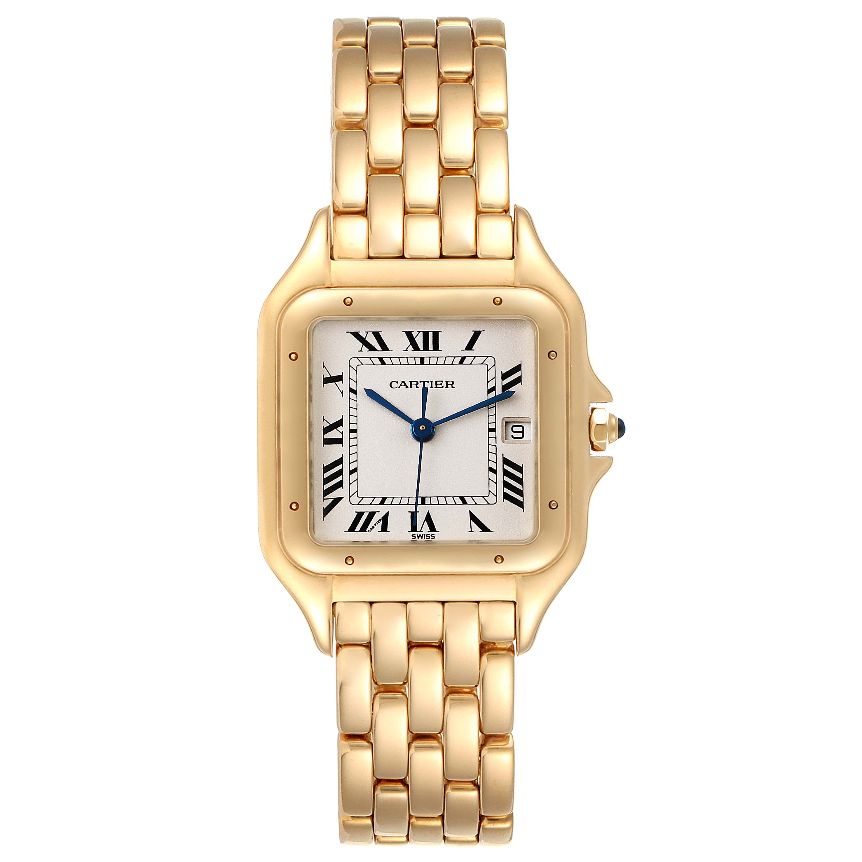 This image shows a front view of the Cartier Panthere W25014B9 Women's Yellow Gold Silver Dial W25014B9 Women's Yellow Gold Silver Dial model watch, highlighting its dial, case, and bracelet.