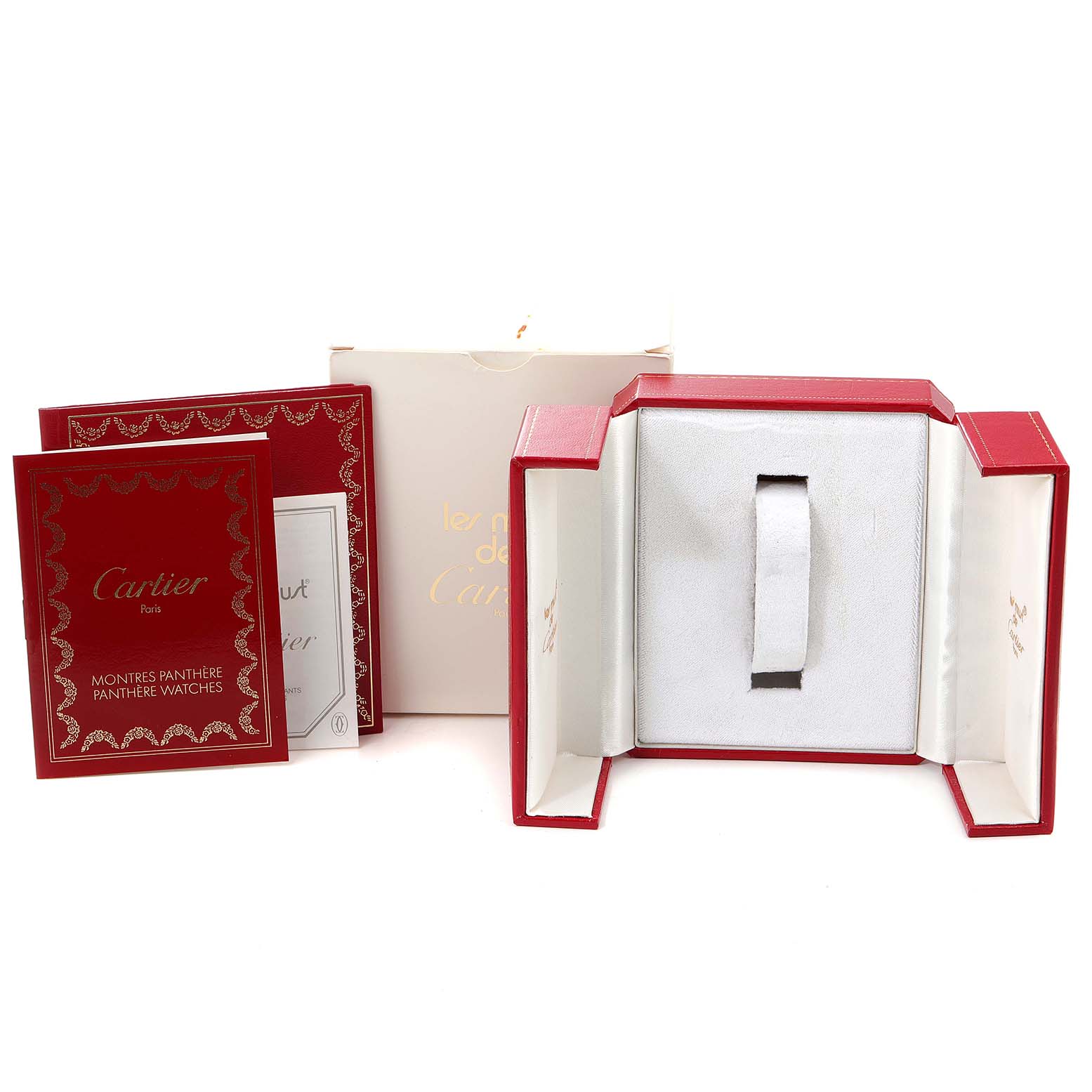 The image shows the box, packaging, and booklets for a Cartier Panthere W25014B9 Women's Yellow Gold Silver Dial W25014B9 Women's Yellow Gold Silver Dial watch, displayed from a front angle.