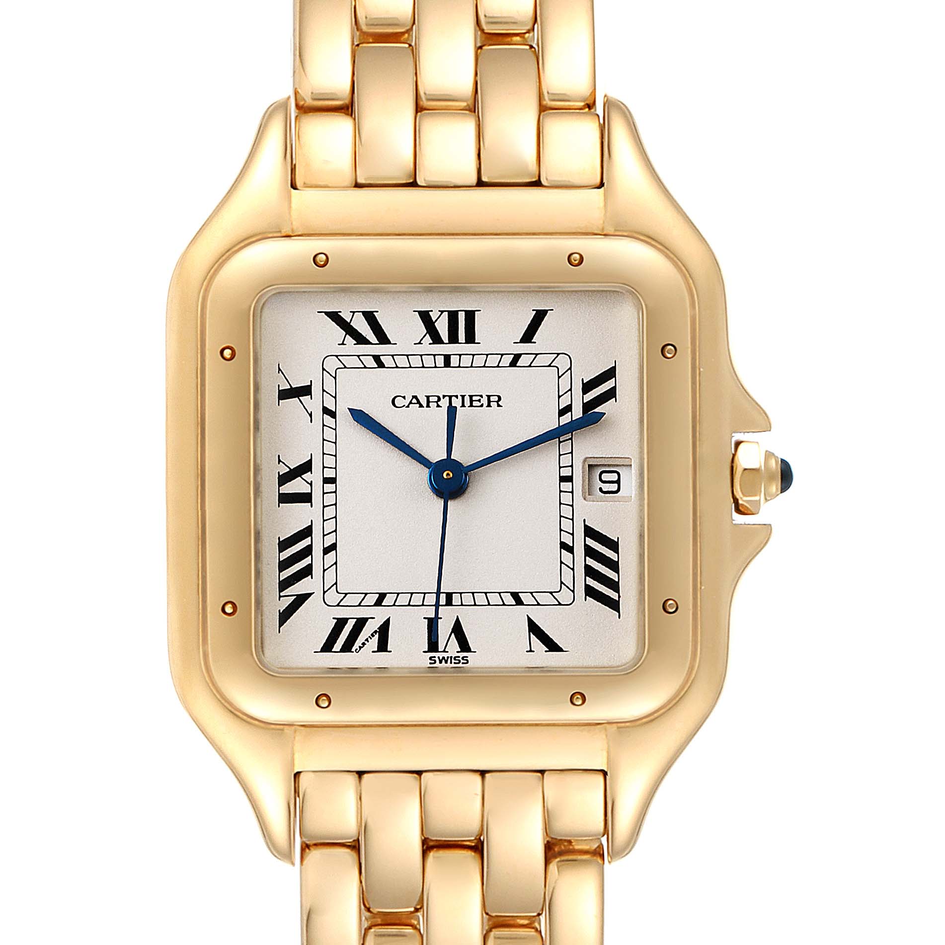 This image shows a front view of a Cartier Panthere W25014B9 Women's Yellow Gold Silver Dial W25014B9 Women's Yellow Gold Silver Dial watch with a gold band and Roman numeral dial.