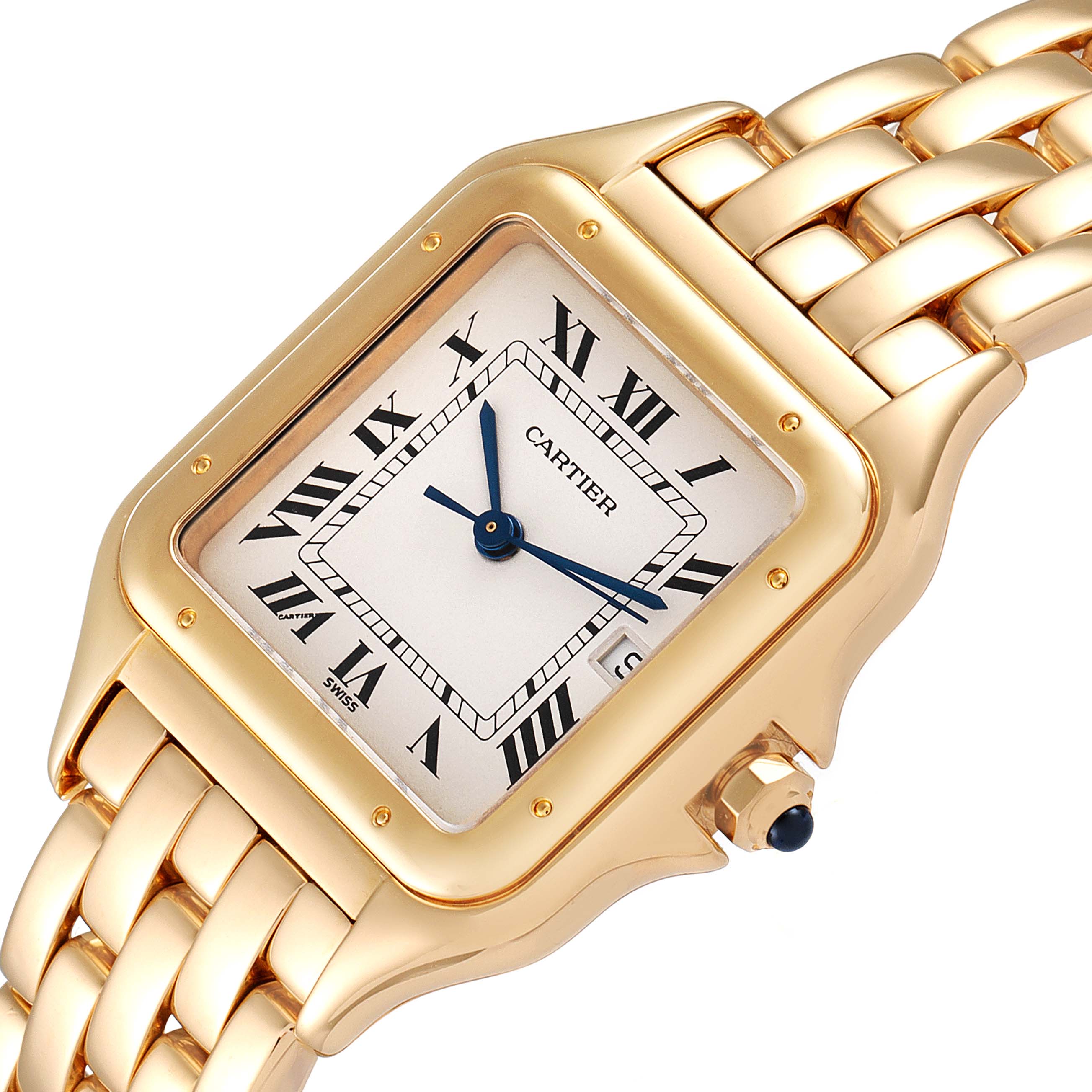 This image showcases the face and part of the strap of a Cartier Panthere W25014B9 Women's Yellow Gold Silver Dial W25014B9 Women's Yellow Gold Silver Dial watch from an angled view.