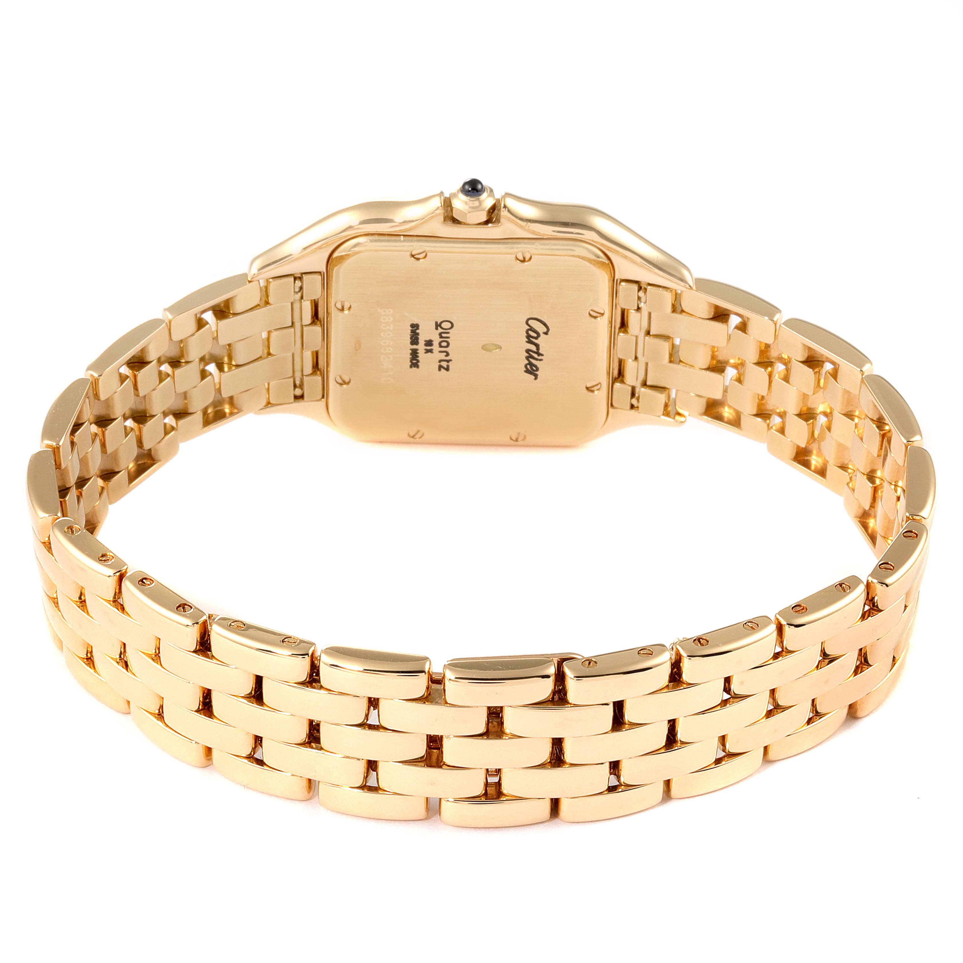 The image shows the back view of the Cartier Panthere W25014B9 Women's Yellow Gold Silver Dial W25014B9 Women's Yellow Gold Silver Dial model watch, focusing on the case back and the bracelet.