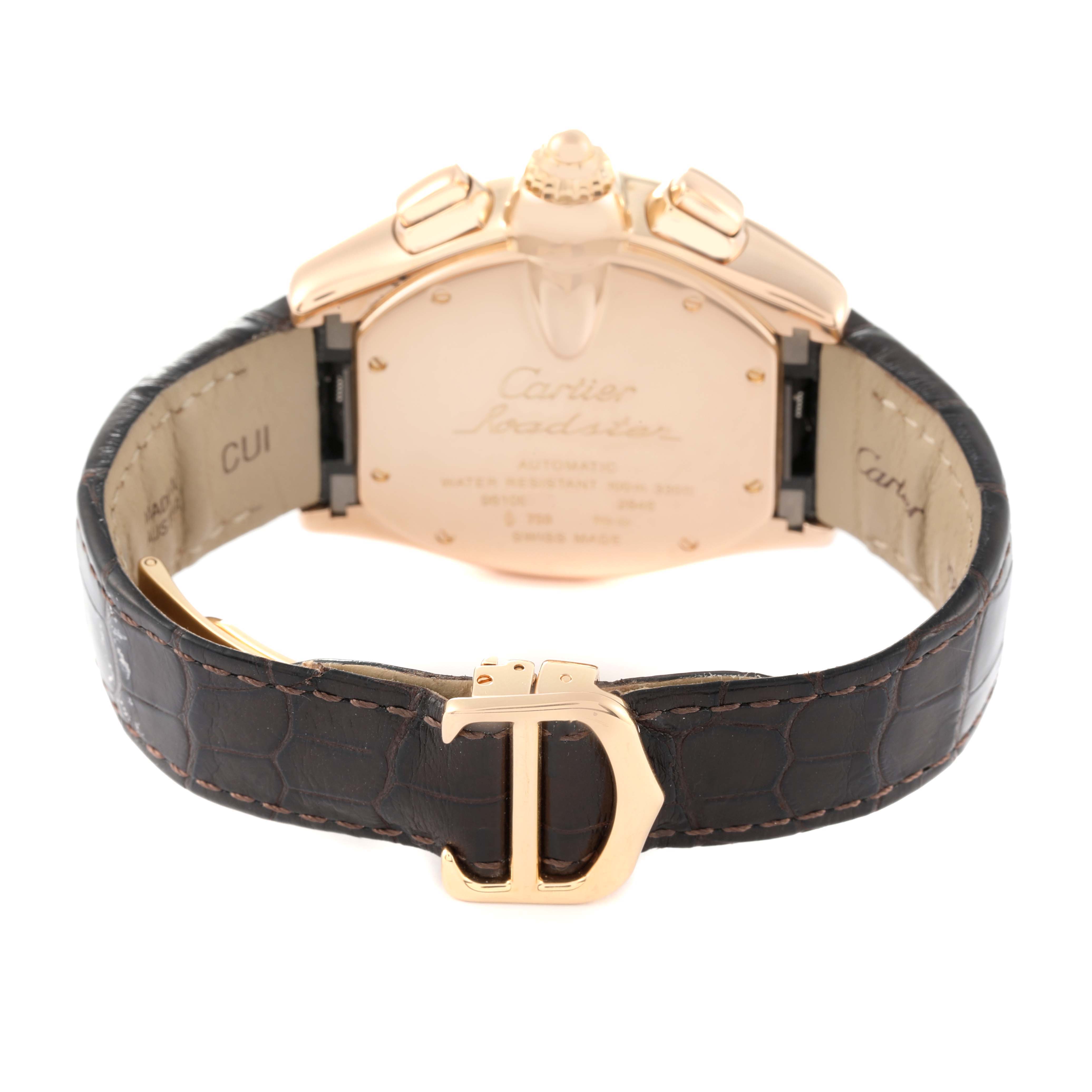 The image shows the back of the Cartier Roadster W62042Y5 Men's Rose Gold Brown Dial W62042Y5 Men's Rose Gold Brown Dial watch with a detailed view of the case back, crown, and leather strap with a distinctive buckle.