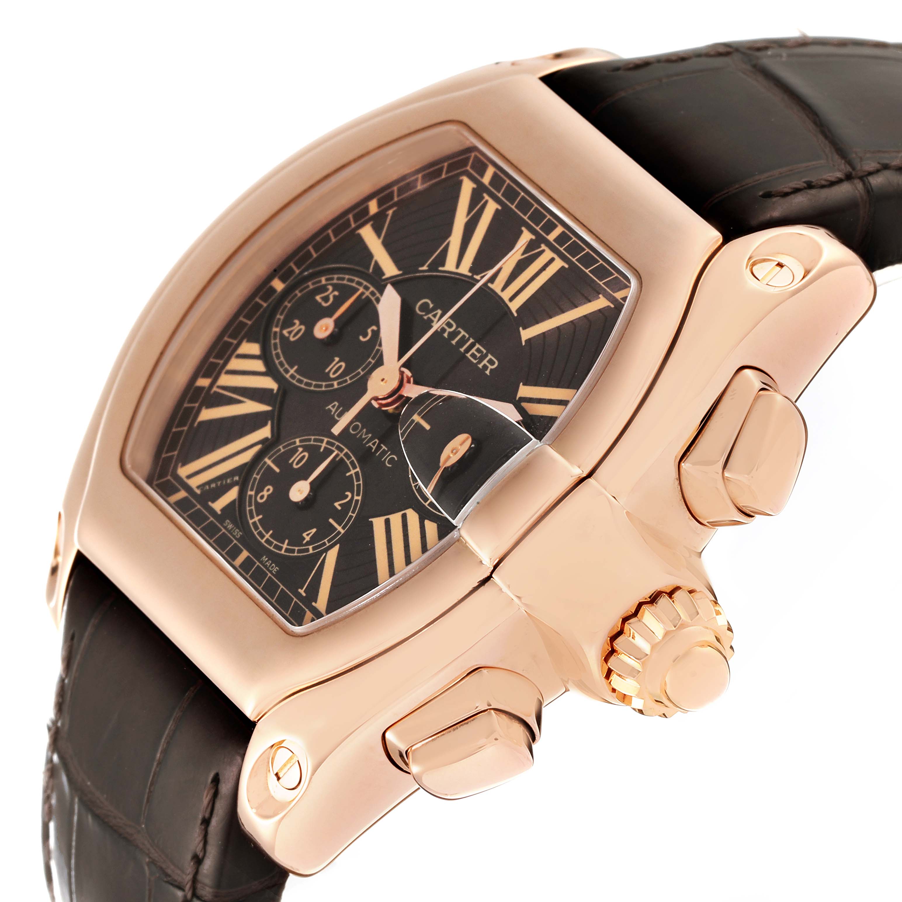 The image shows a close-up angle of the Cartier Roadster W62042Y5 Men's Rose Gold Brown Dial W62042Y5 Men's Rose Gold Brown Dial watch, displaying the crown, bezel, dial, and part of the strap.
