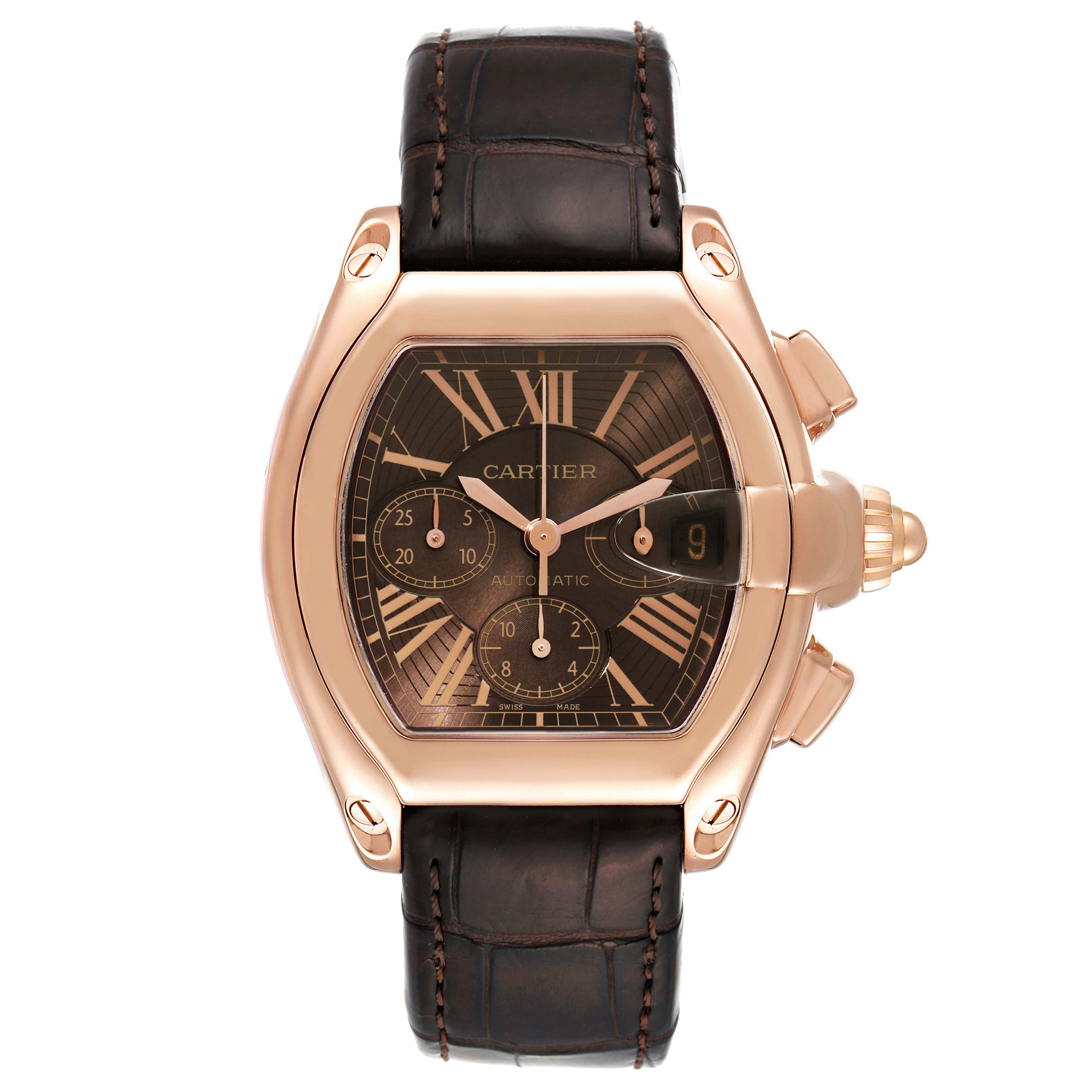 The image shows a Cartier Roadster W62042Y5 Men's Rose Gold Brown Dial W62042Y5 Men's Rose Gold Brown Dial watch from a top-down angle, highlighting the dial, case, and strap.