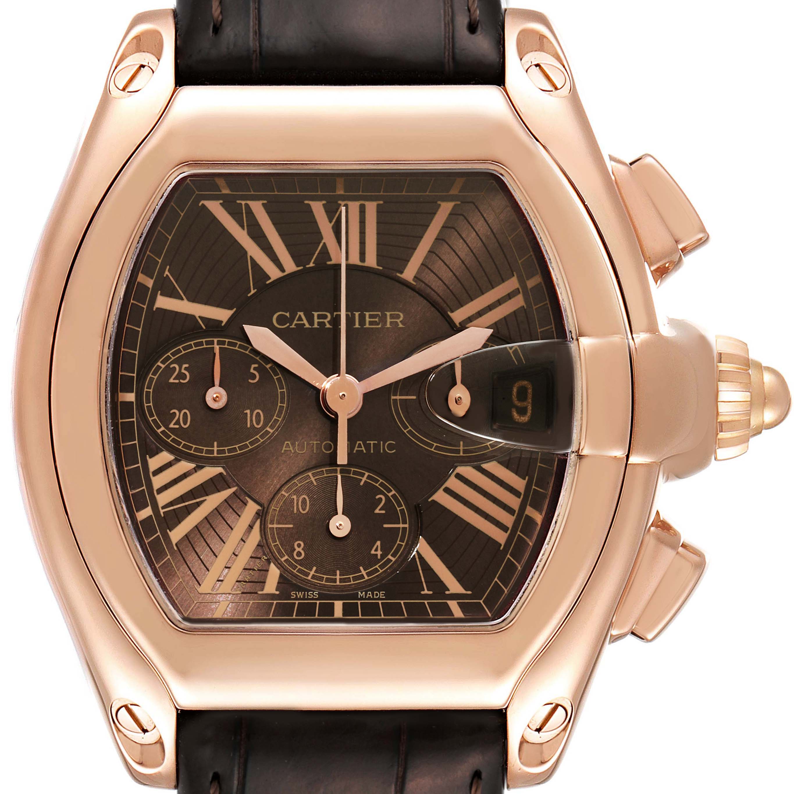 The image shows a close-up, front-facing angle of the Cartier Roadster W62042Y5 Men's Rose Gold Brown Dial W62042Y5 Men's Rose Gold Brown Dial watch, highlighting its dial, case, and crown.