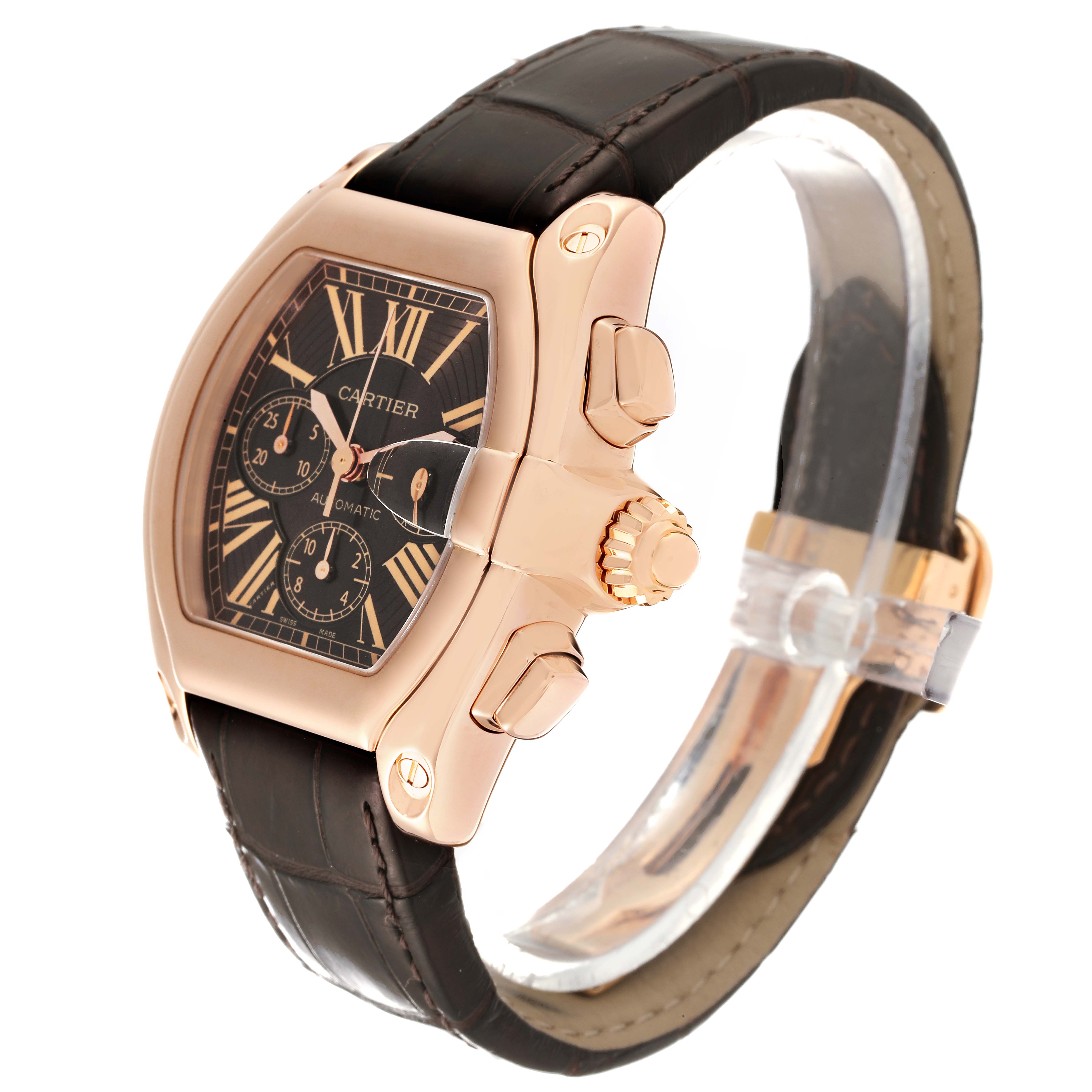The image shows a Cartier Roadster W62042Y5 Men's Rose Gold Brown Dial W62042Y5 Men's Rose Gold Brown Dial watch at a three-quarter angle, highlighting its black dial, rose gold case, and brown leather strap.