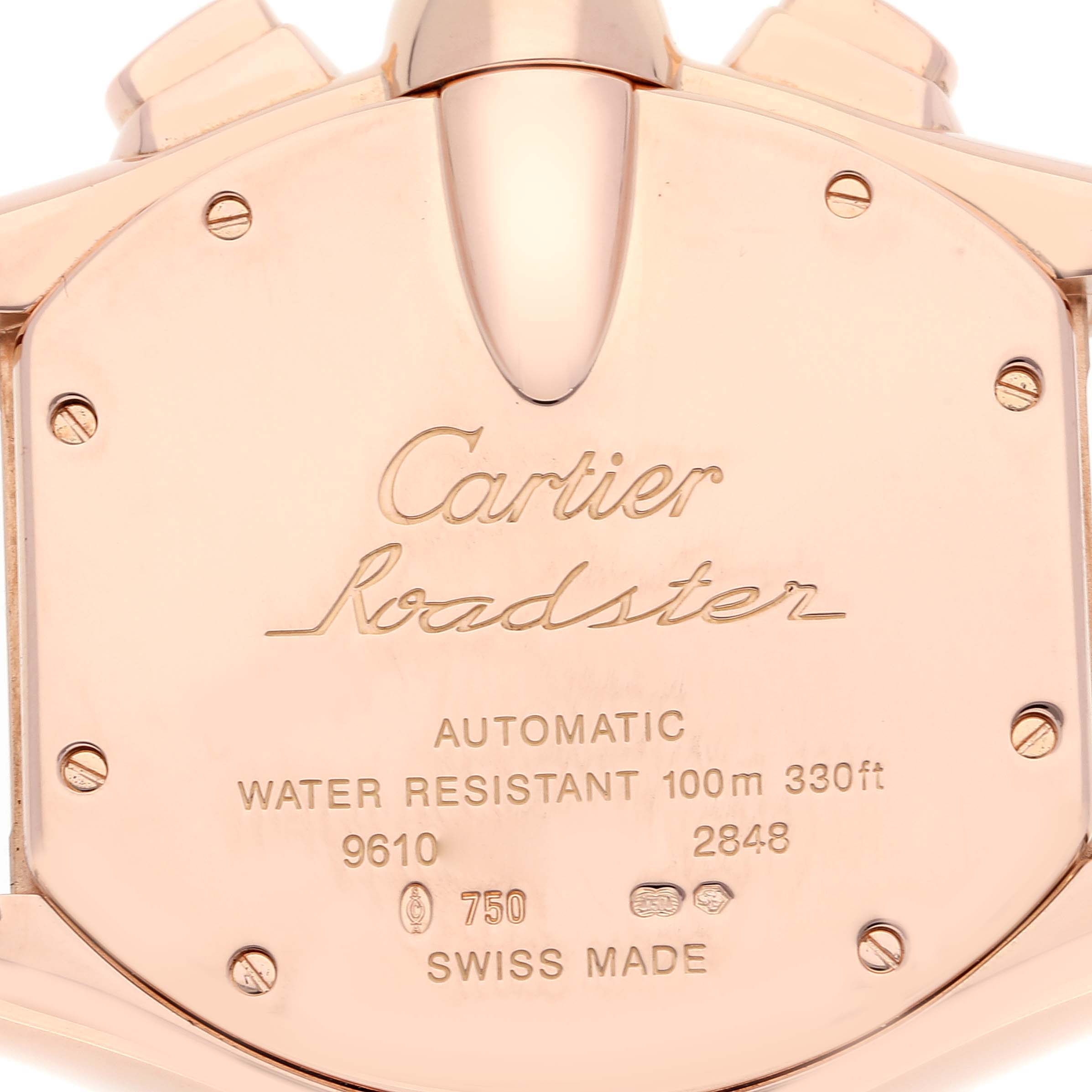 This image shows the back case of a Cartier Roadster W62042Y5 Men's Rose Gold Brown Dial W62042Y5 Men's Rose Gold Brown Dial watch, displaying various engravings and specifications.
