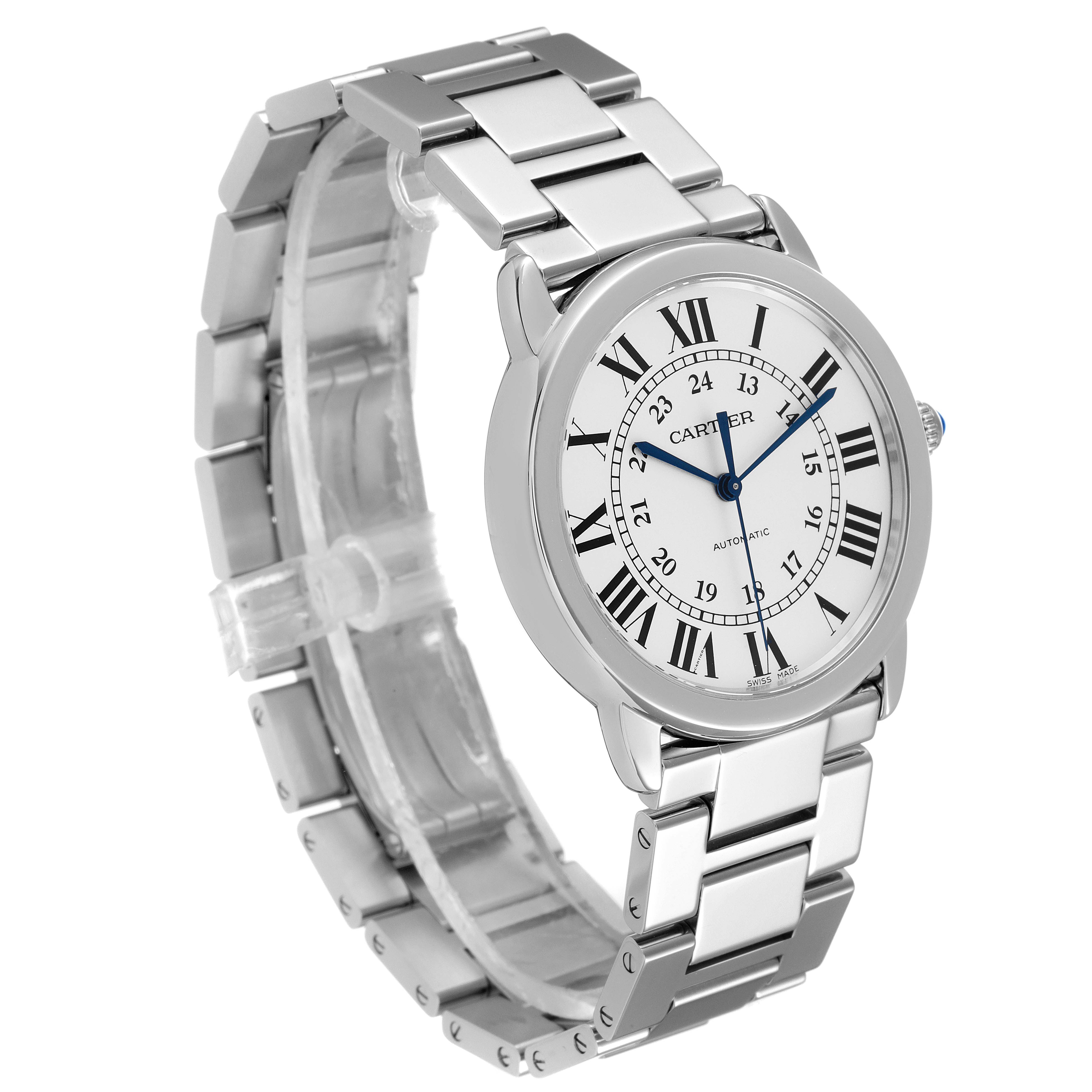 The image shows a side-view angle of the Cartier Ronde WSRN0012 Men's Stainless Steel Silver Dial WSRN0012 Men's Stainless Steel Silver Dial model watch, highlighting its face, bezel, and metal band.