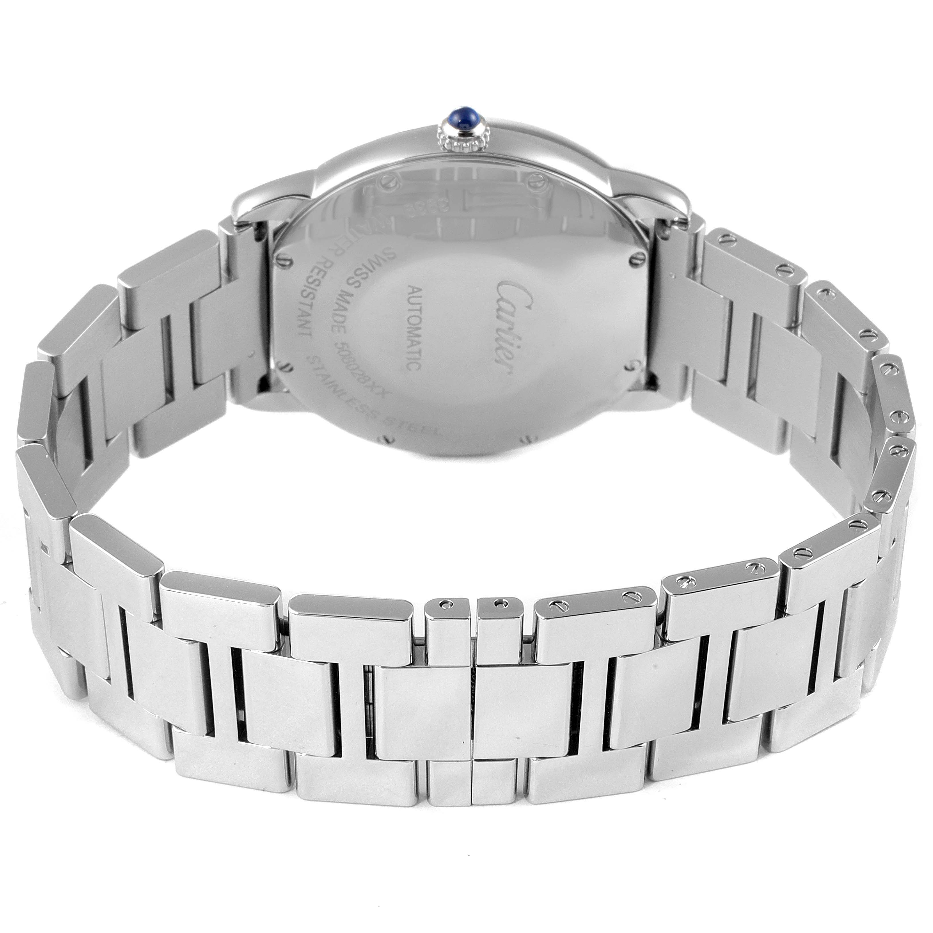 The image shows the back case and bracelet of a Cartier Ronde WSRN0012 Men's Stainless Steel Silver Dial WSRN0012 Men's Stainless Steel Silver Dial watch, angled to highlight the metal strap and the closure.