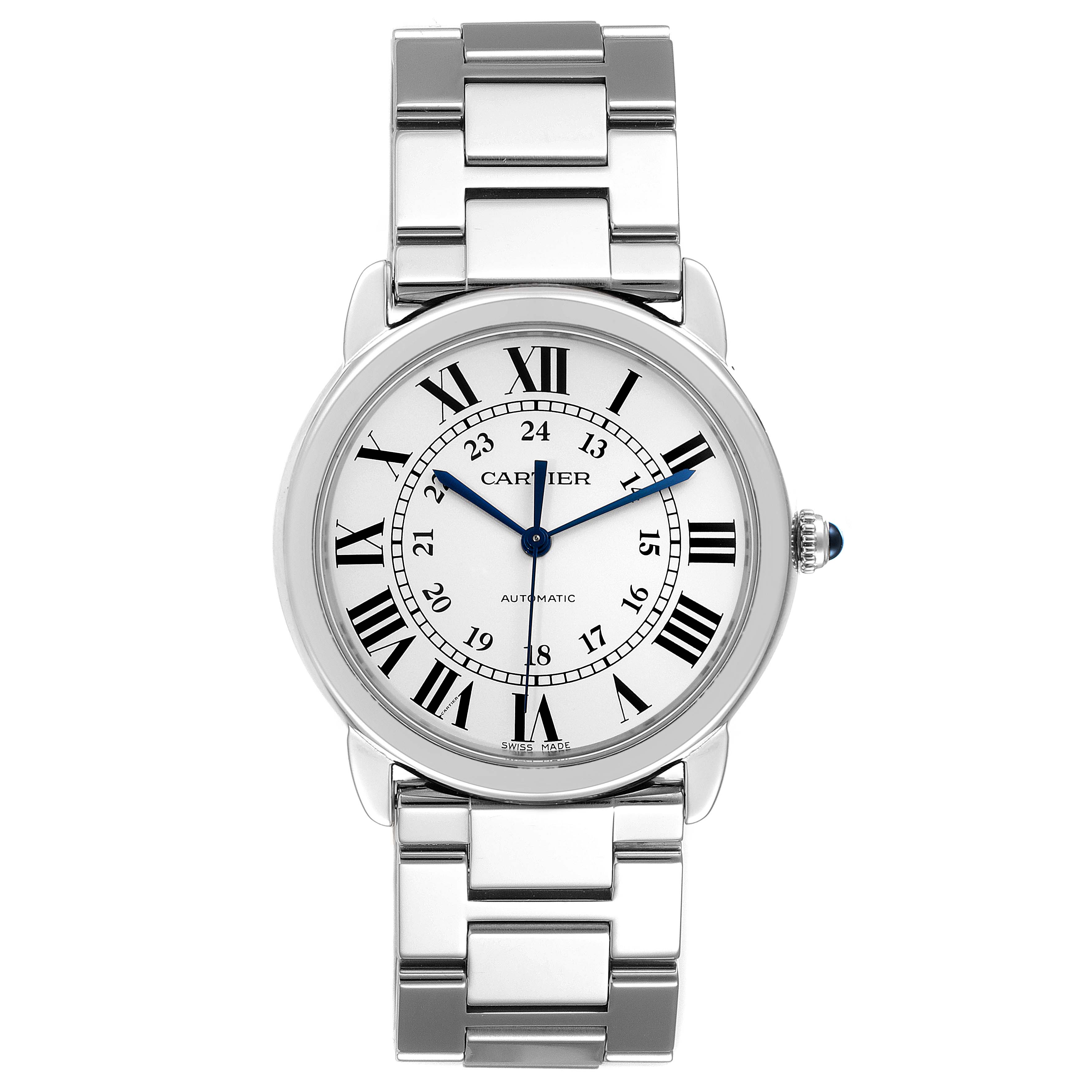 The image shows a front view of the Ronde model watch by Cartier, displaying the dial and metal bracelet.