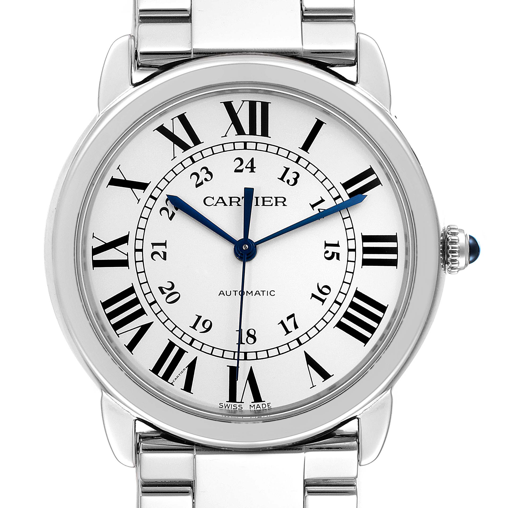 This image shows a front view of the face and top part of the bracelet of the Cartier Ronde WSRN0012 Men's Stainless Steel Silver Dial WSRN0012 Men's Stainless Steel Silver Dial model watch.