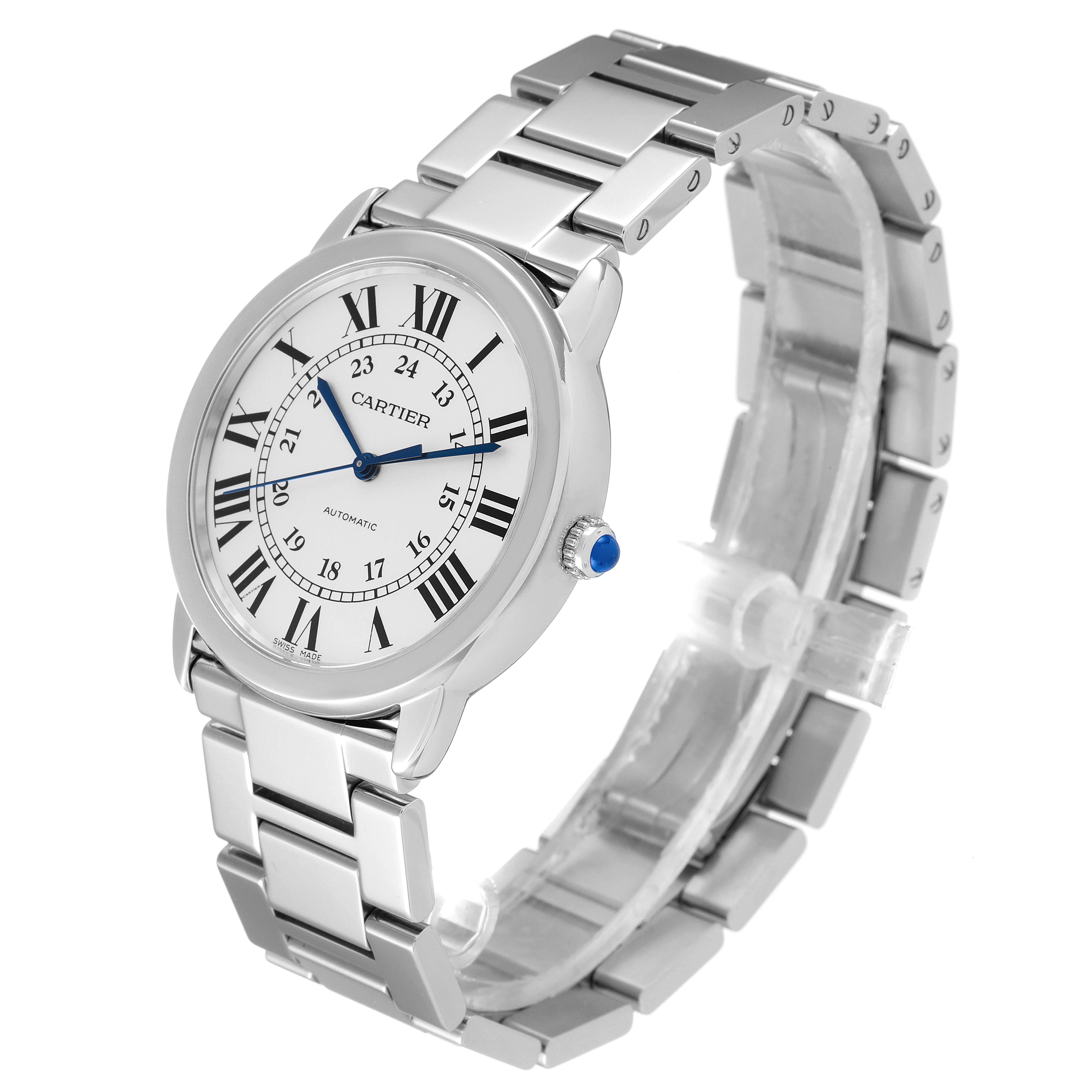 The Cartier Ronde WSRN0012 Men's Stainless Steel Silver Dial WSRN0012 Men's Stainless Steel Silver Dial watch is shown at a slight side angle, displaying the face, bezel, crown, and bracelet.