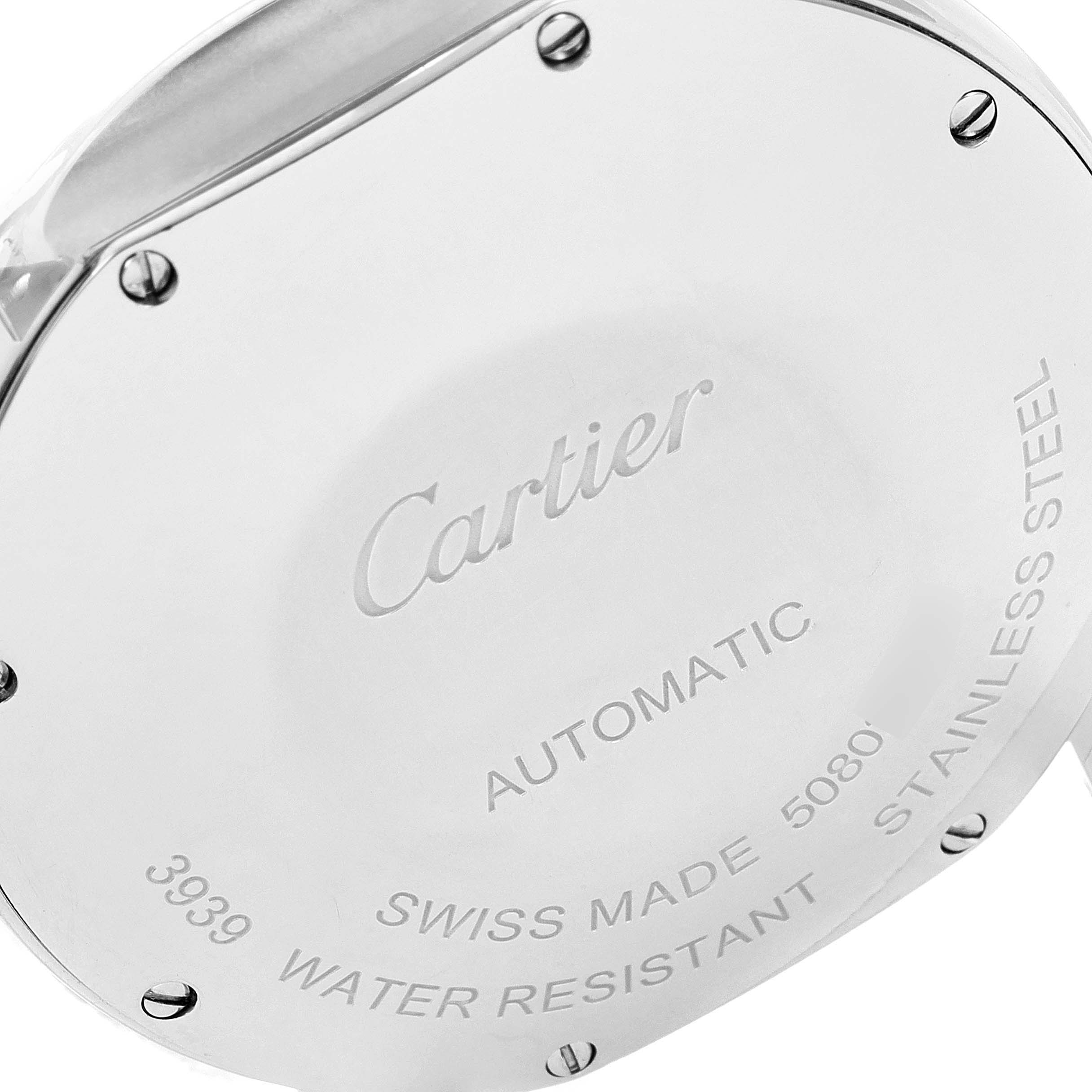 The image shows the back of a Cartier Ronde WSRN0012 Men's Stainless Steel Silver Dial WSRN0012 Men's Stainless Steel Silver Dial watch, displaying brand details and specifications.