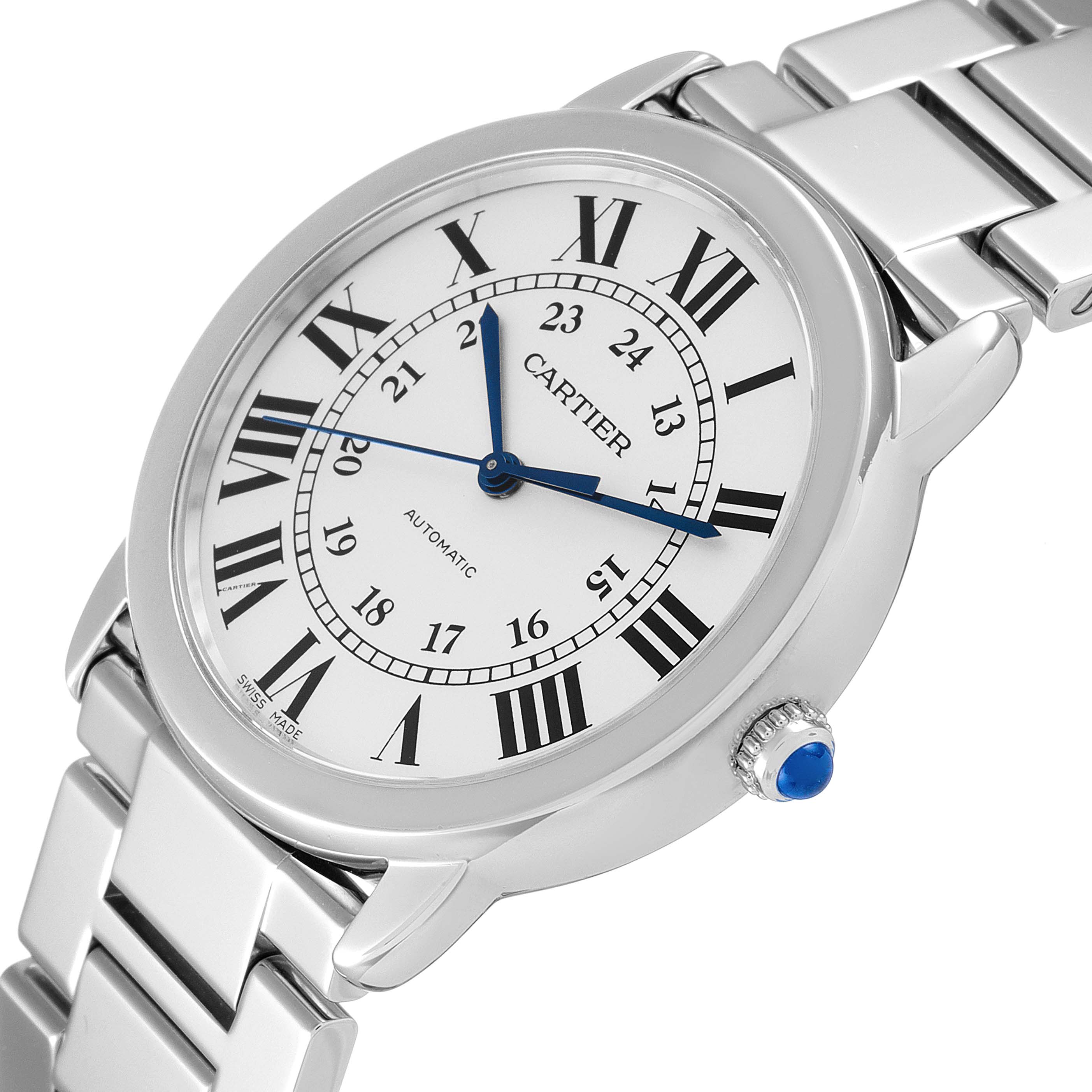 The image shows a Cartier Ronde WSRN0012 Men's Stainless Steel Silver Dial WSRN0012 Men's Stainless Steel Silver Dial watch at an angled view, highlighting the dial, bracelet, crown, and detailed blue hands.
