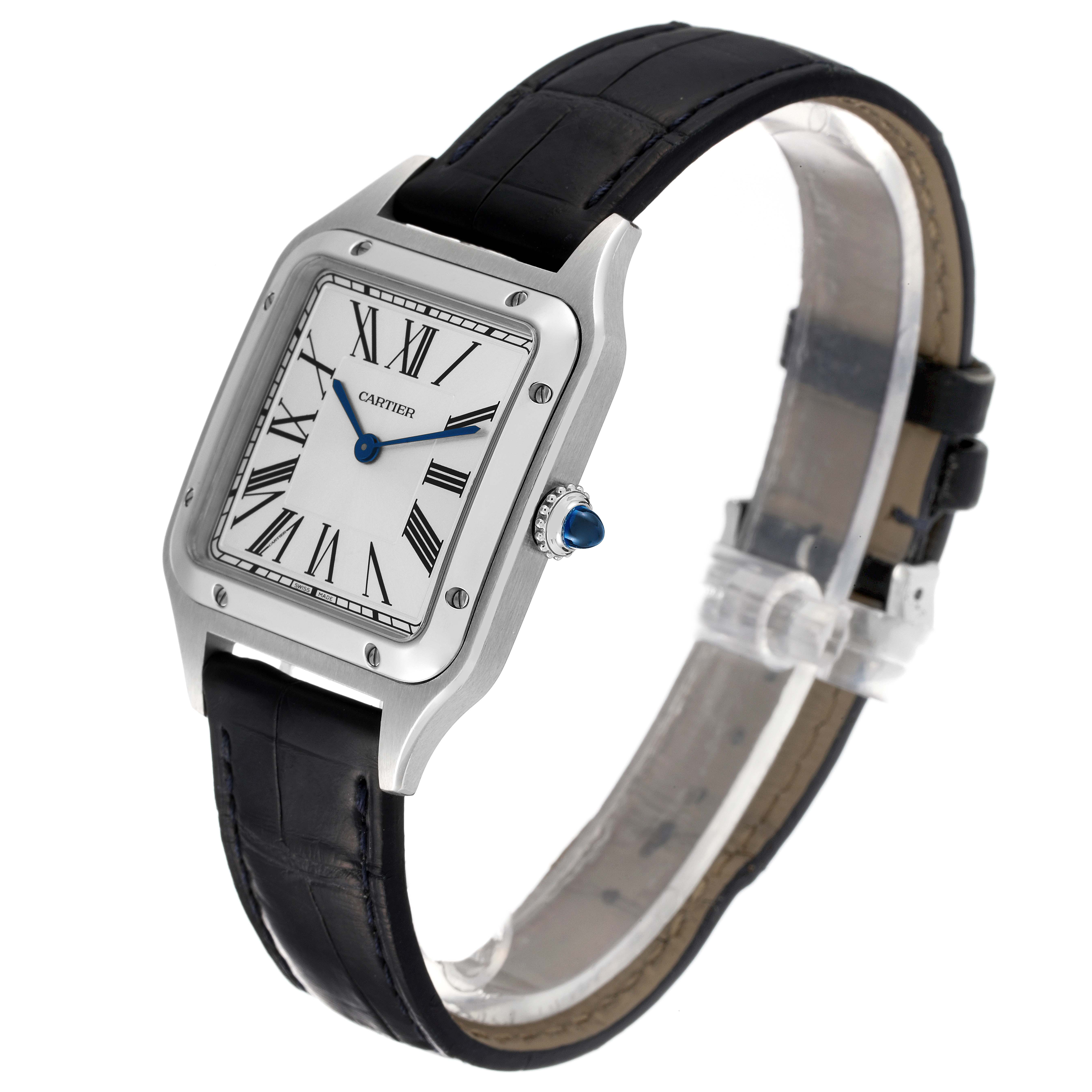 The image shows a Cartier Santos Dumont WSSA0022 Men
s Stainless Steel Silver Dial WSSA0022 Men
s Stainless Steel Silver Dial watch from a three-quarter angle, highlighting its square dial, crown, and leather strap.