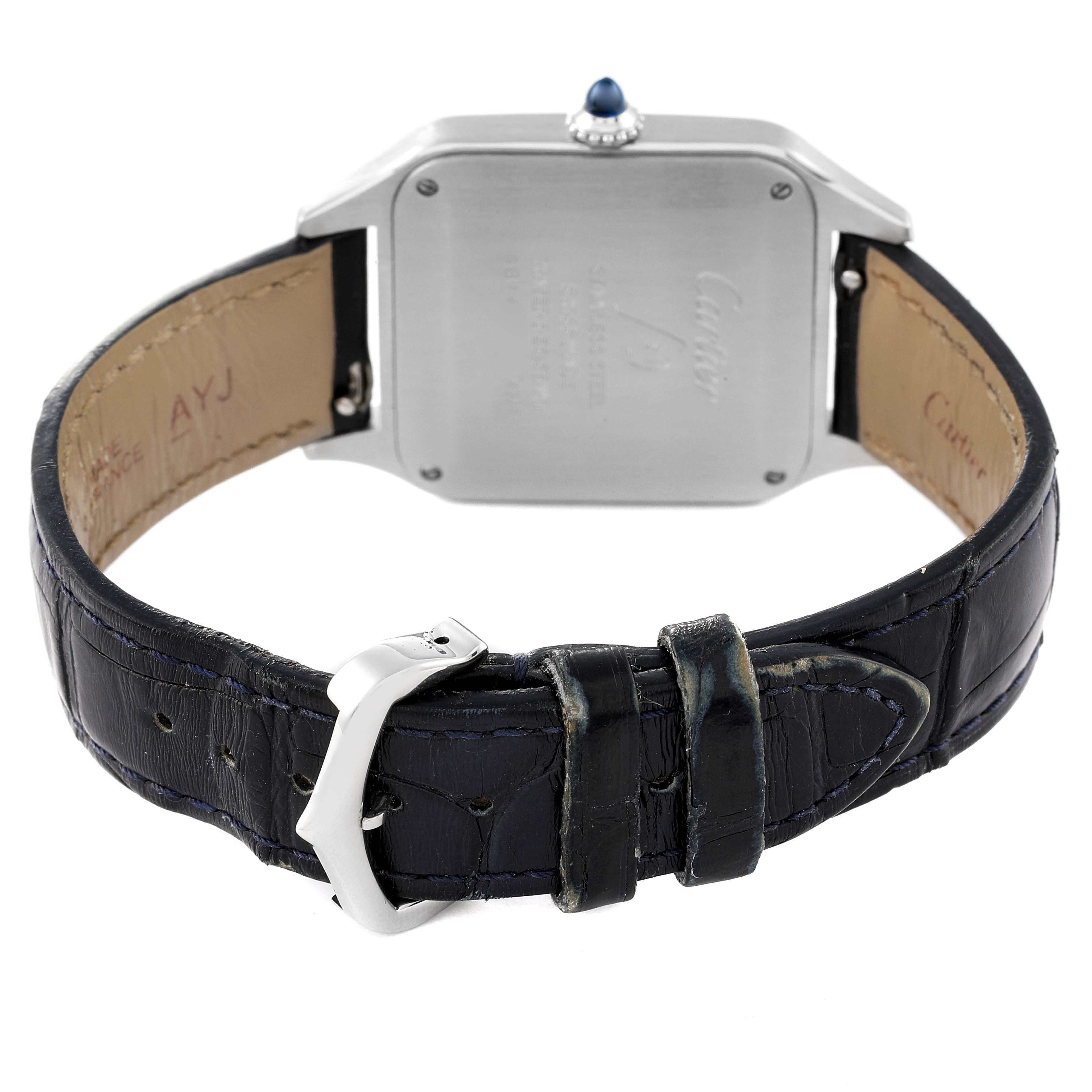 The image shows the back and strap of the Cartier Santos Dumont WSSA0022 Men
s Stainless Steel Silver Dial WSSA0022 Men
s Stainless Steel Silver Dial watch, highlighting the buckle and case back.