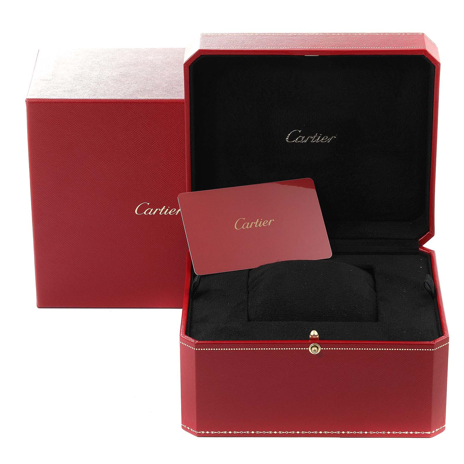 The image shows a Cartier Santos Dumont WSSA0022 Men
s Stainless Steel Silver Dial WSSA0022 Men
s Stainless Steel Silver Dial watch box and a red branded card from a frontal angle.